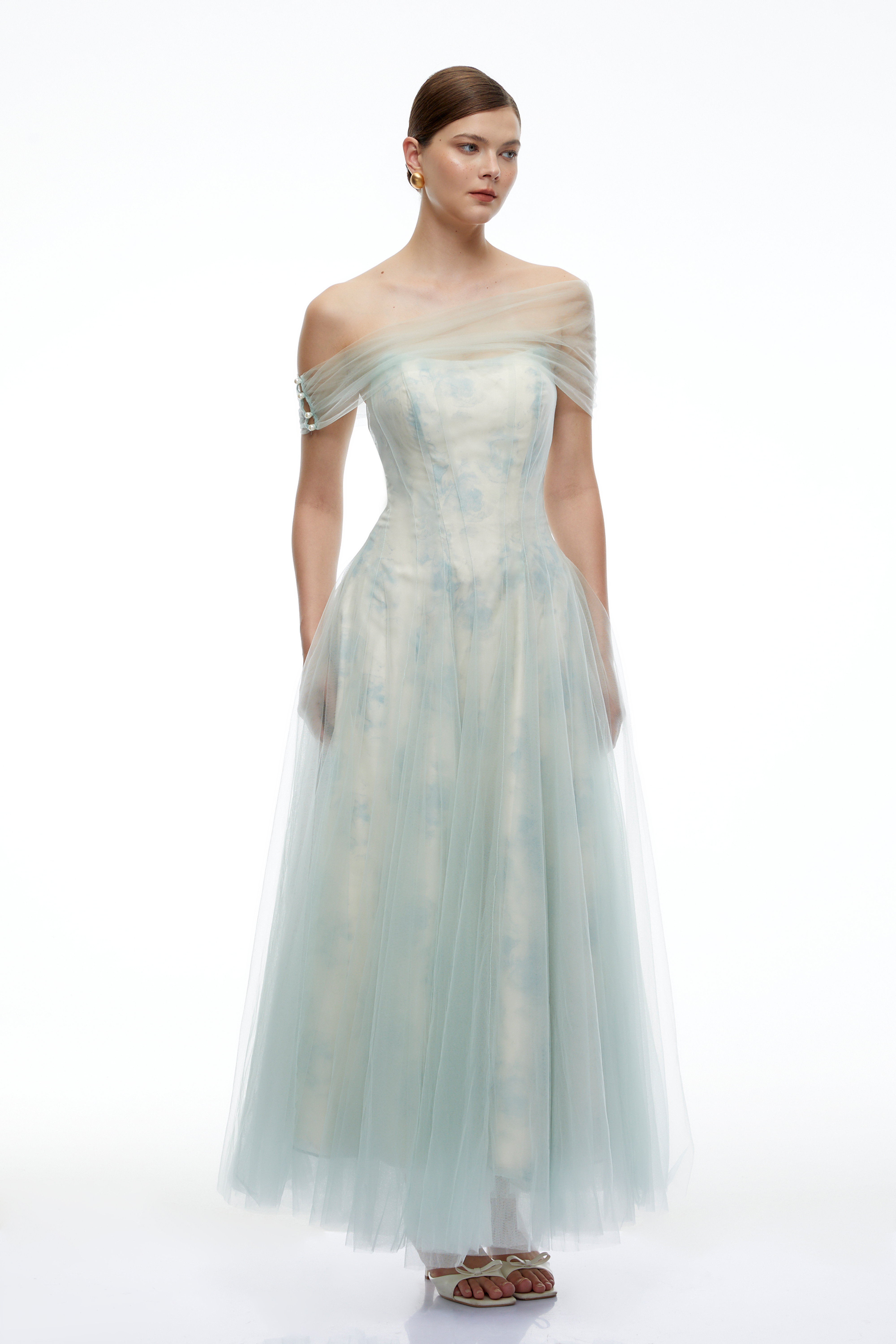 Siddiqa Green Print Tulle Pleated Maxi Dress