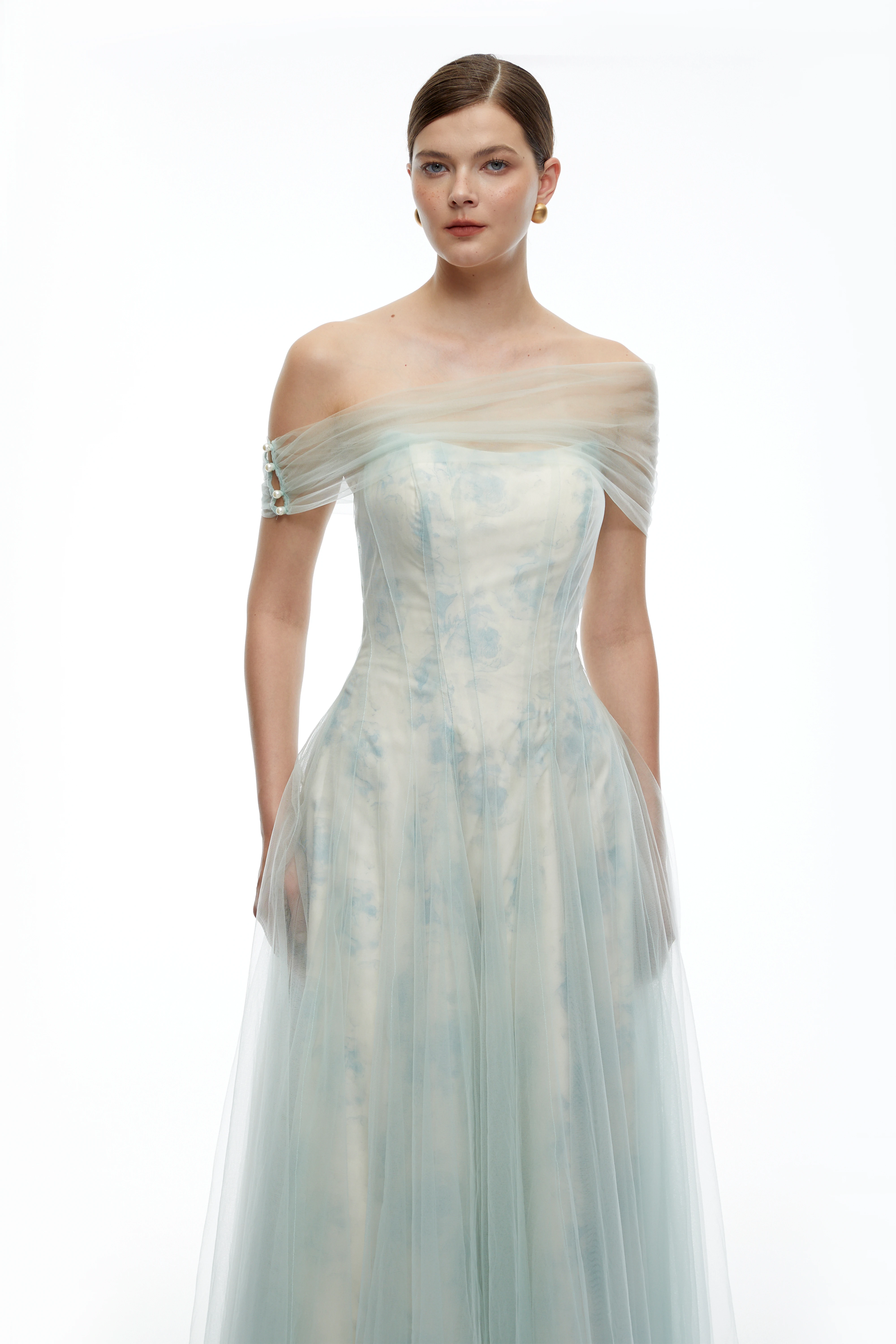 Siddiqa Green Print Tulle Pleated Maxi Dress