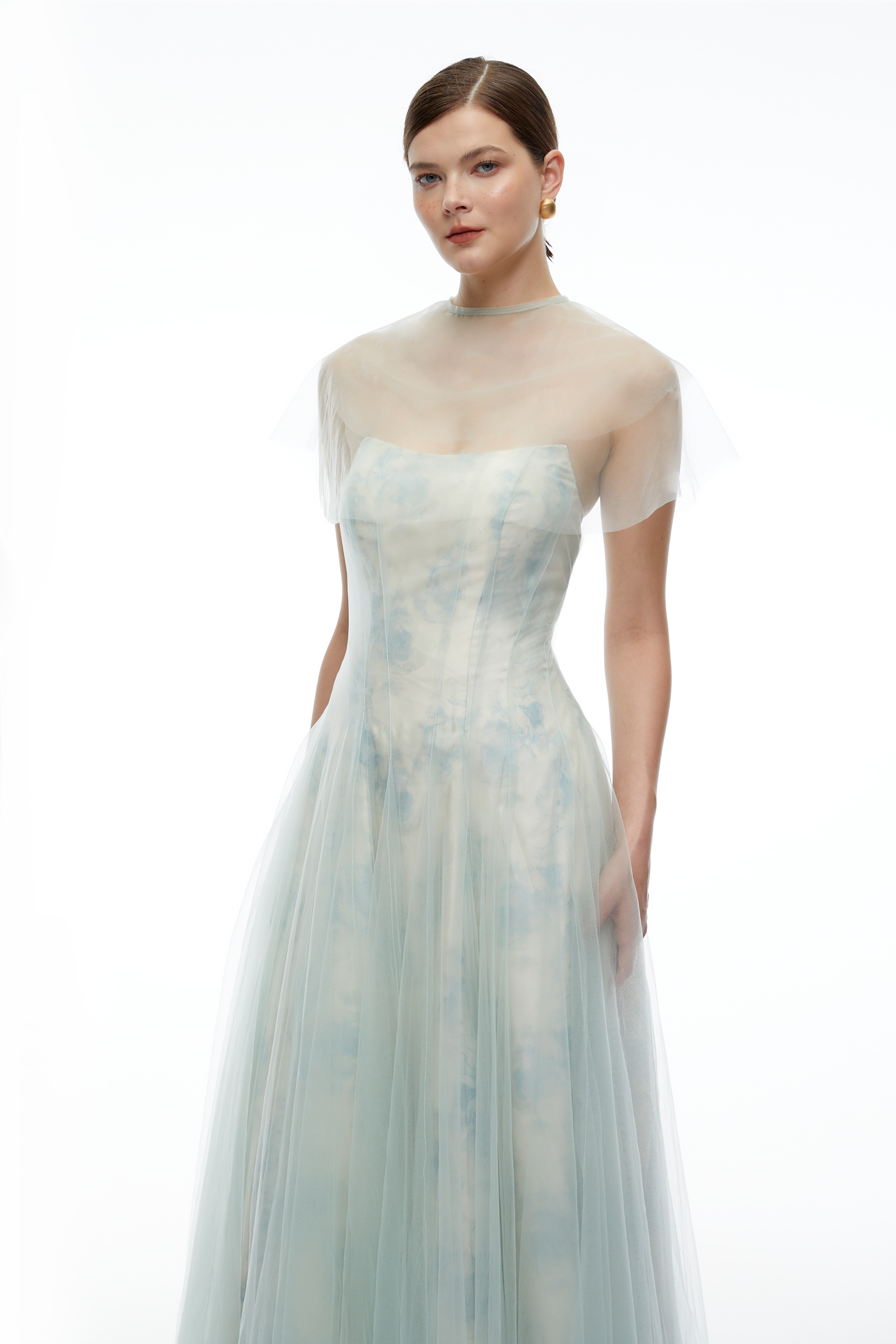 Siddiqa Green Print Tulle Pleated Maxi Dress