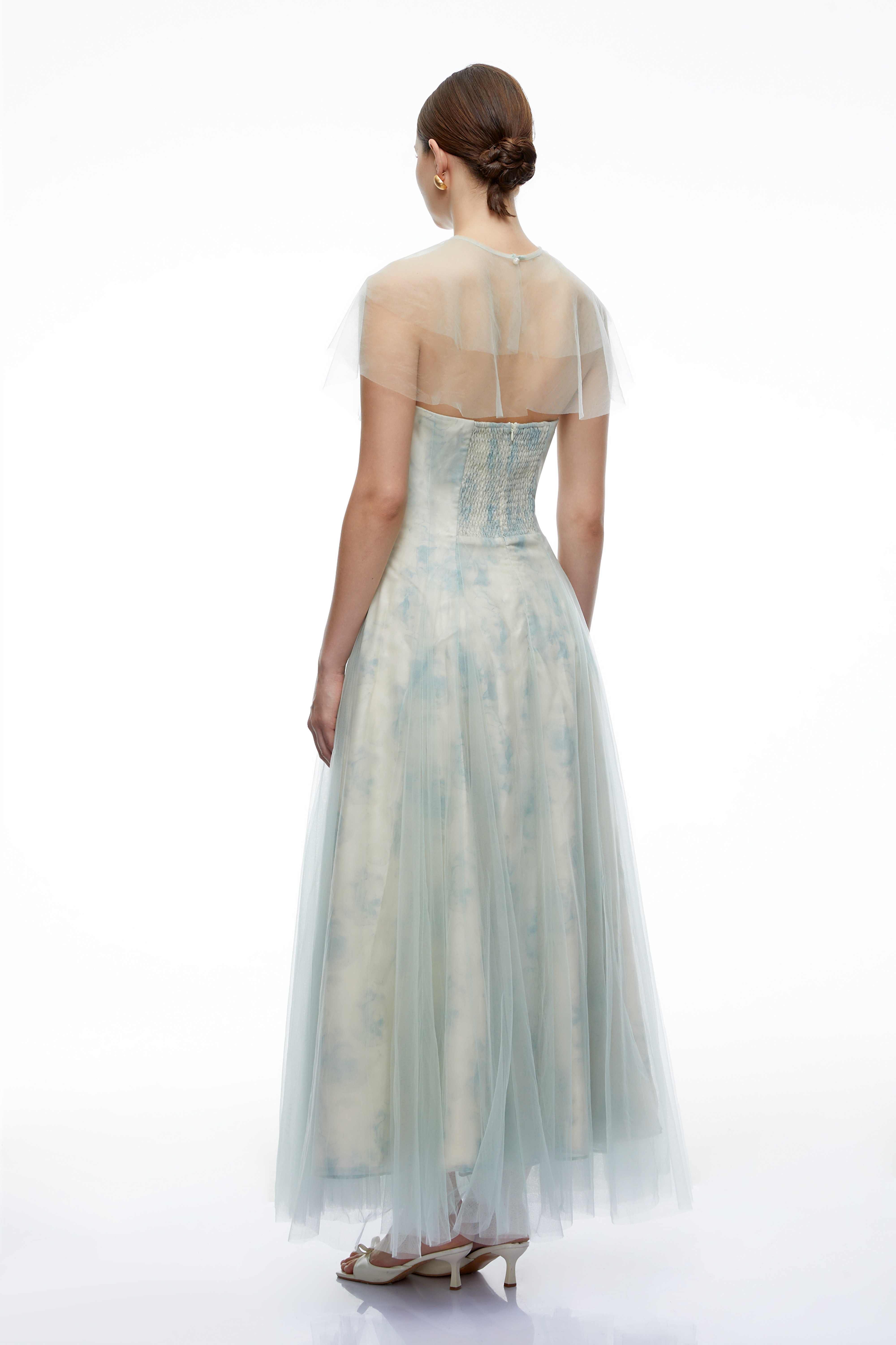 Siddiqa Green Print Tulle Pleated Maxi Dress