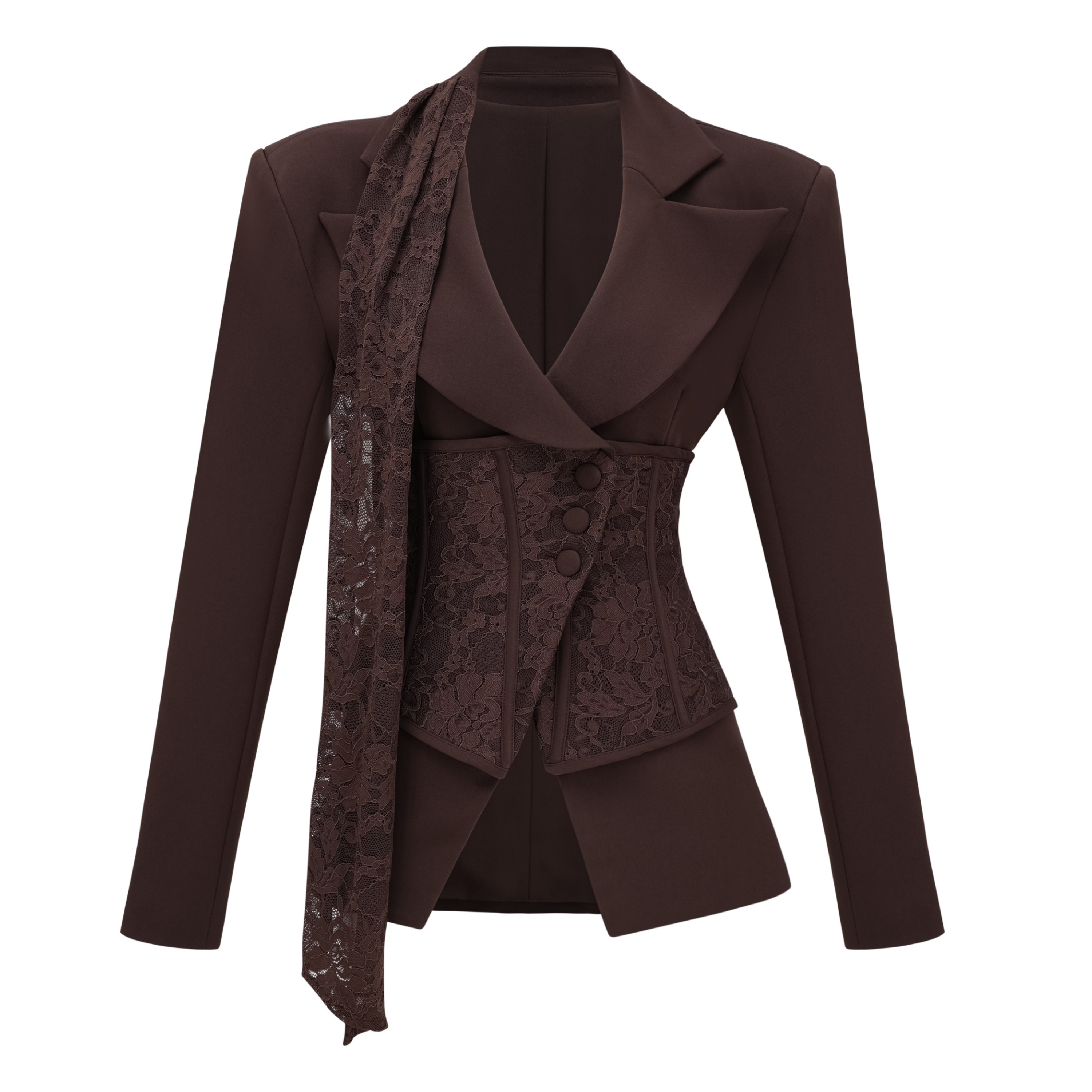Sienna Brown Blazer & Skirt Set with Lace Panels
