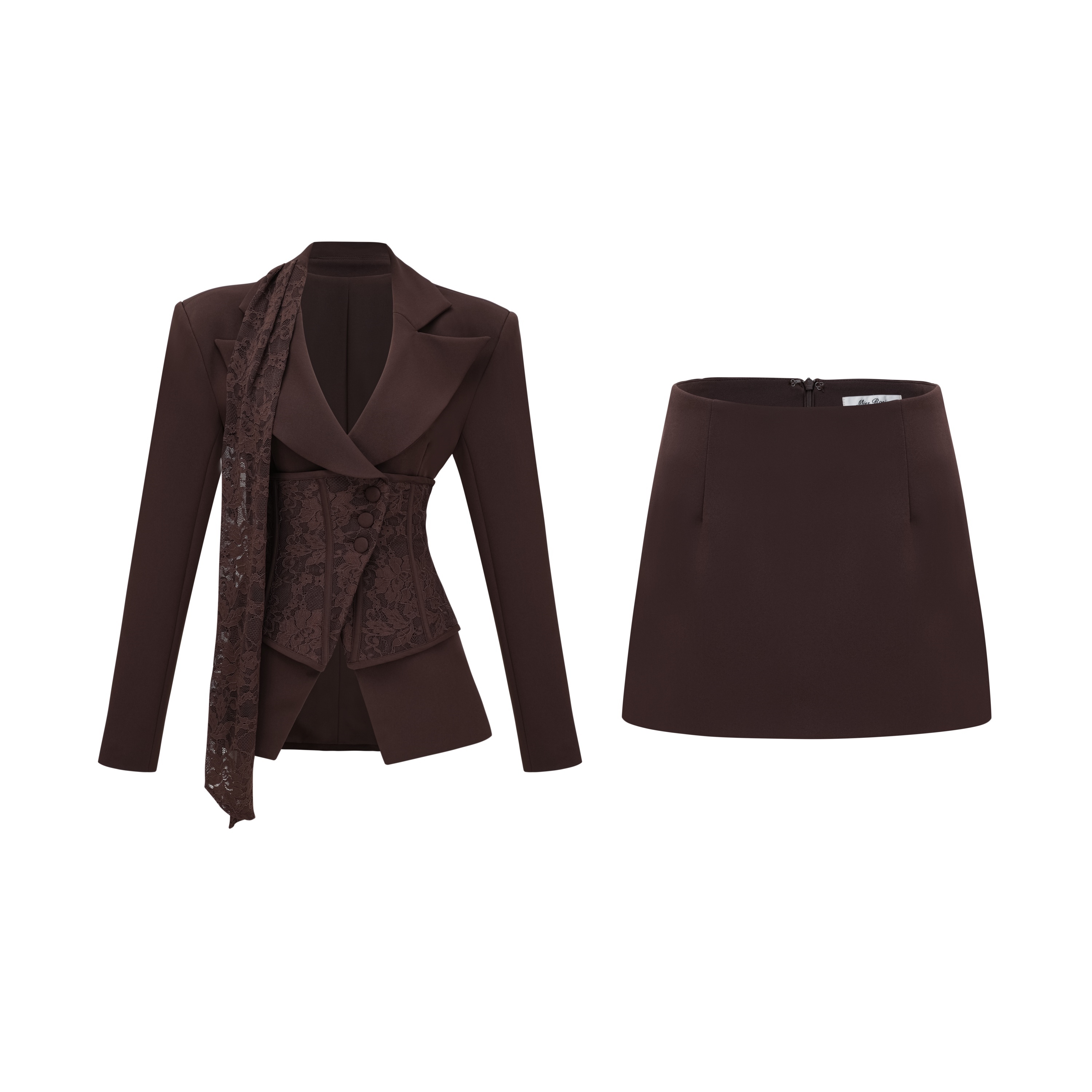 Sienna Brown Blazer & Skirt Set with Lace Panels