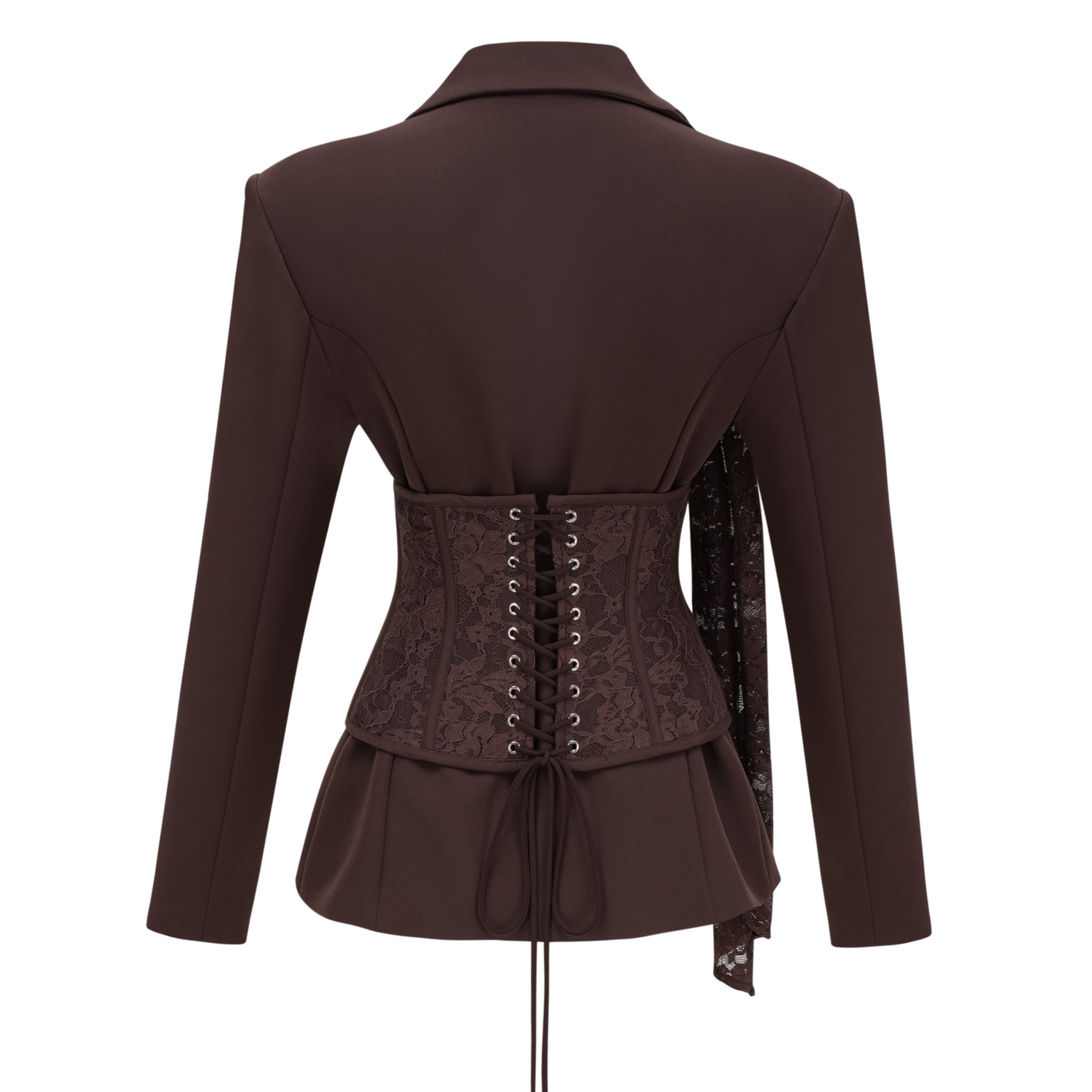 Sienna Brown Blazer & Skirt Set with Lace Panels