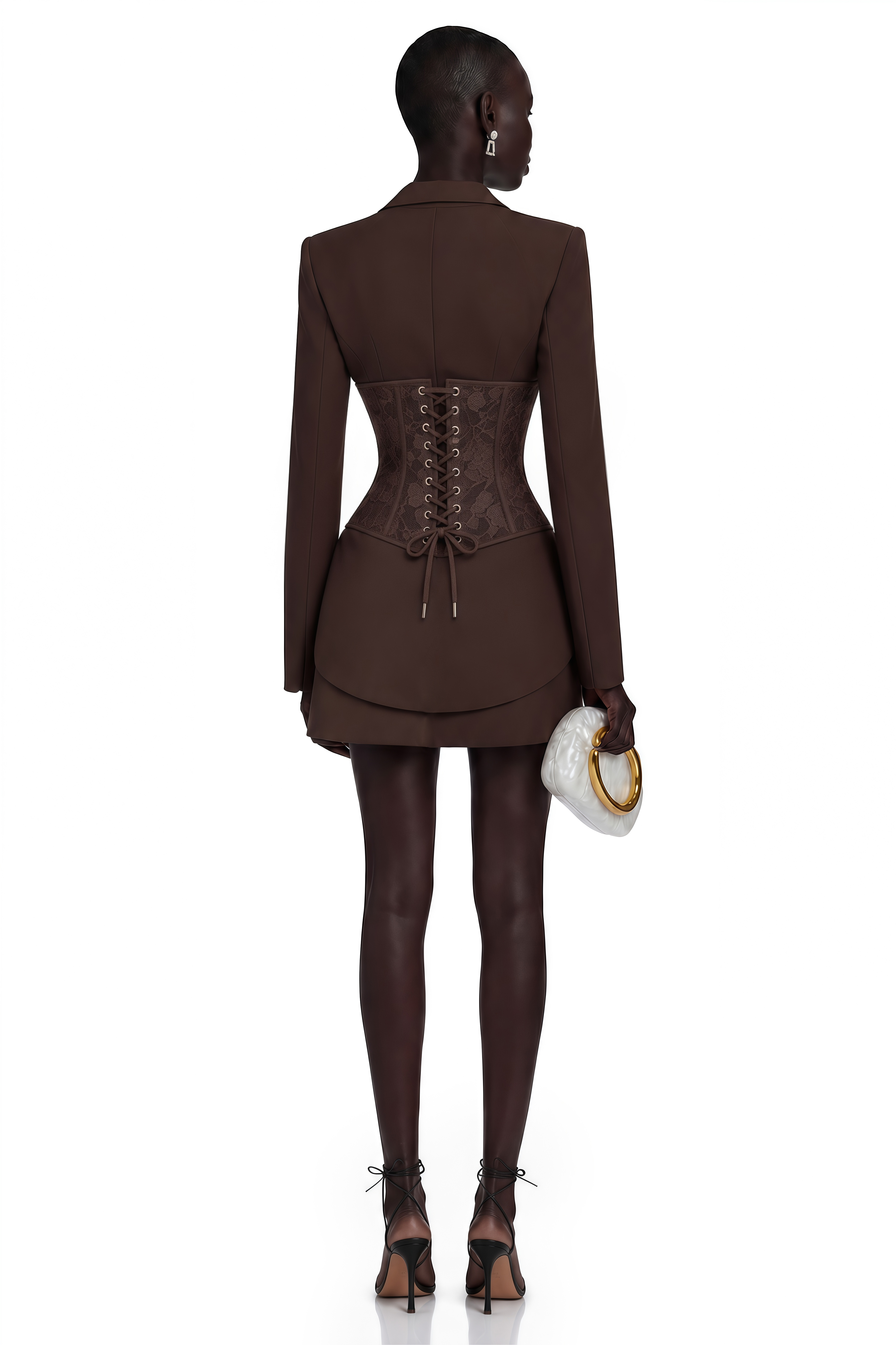 Sienna Brown Blazer & Skirt Set with Lace Panels