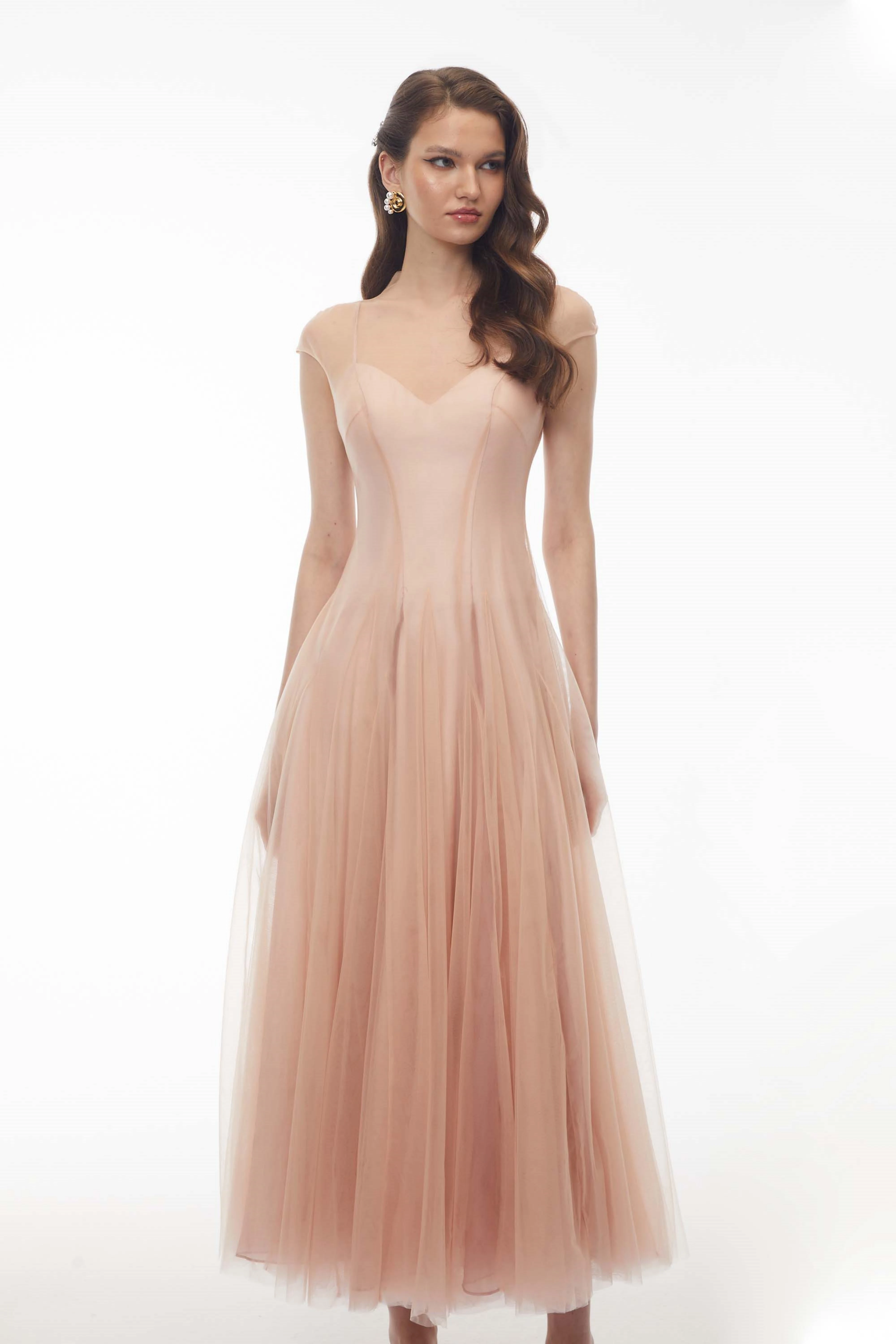 Simin Pink Semi-Sheer Tulle Maxi Dress