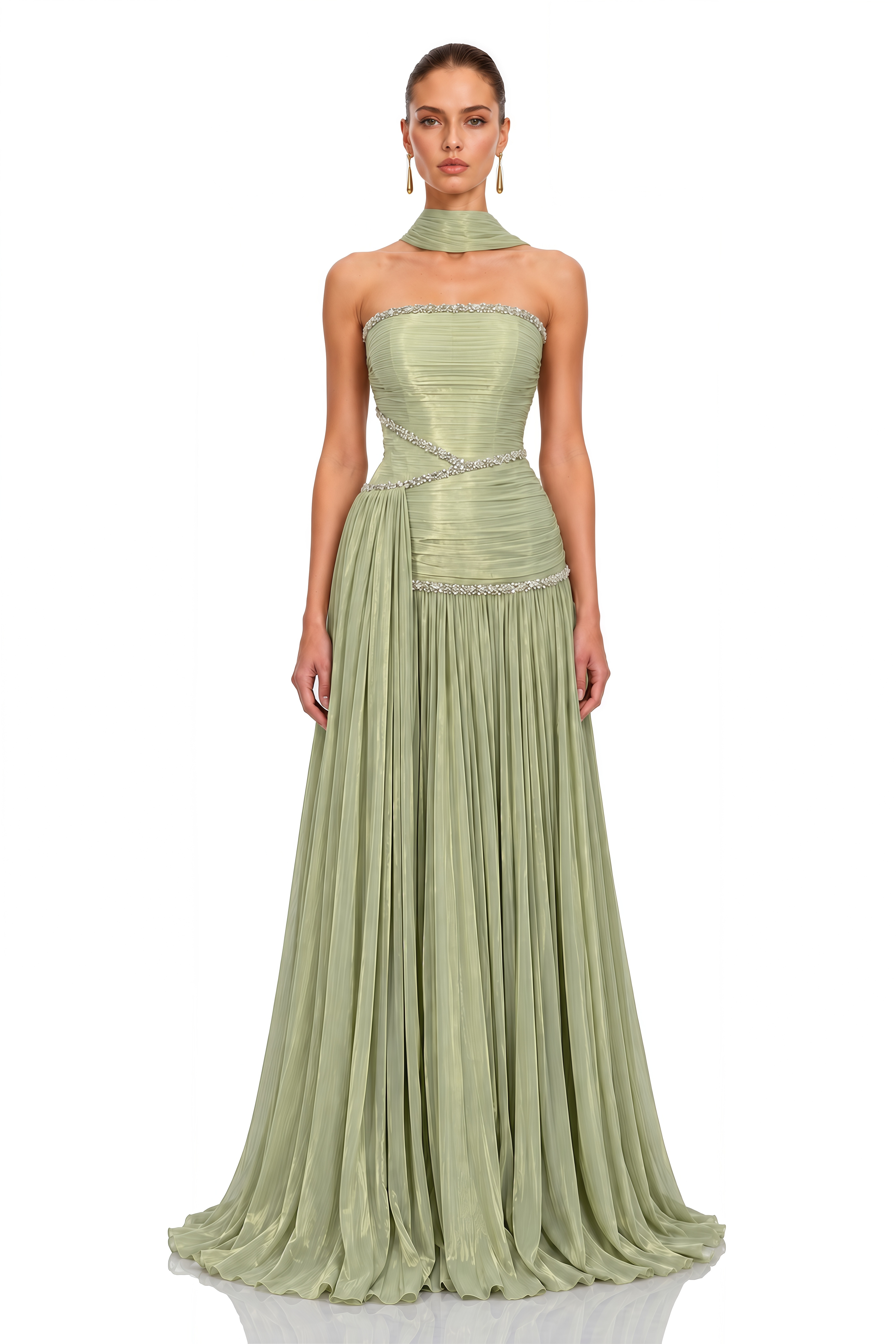 Siobhan Green Crystal-Embellished Ruched Maxi Gown with Scarf