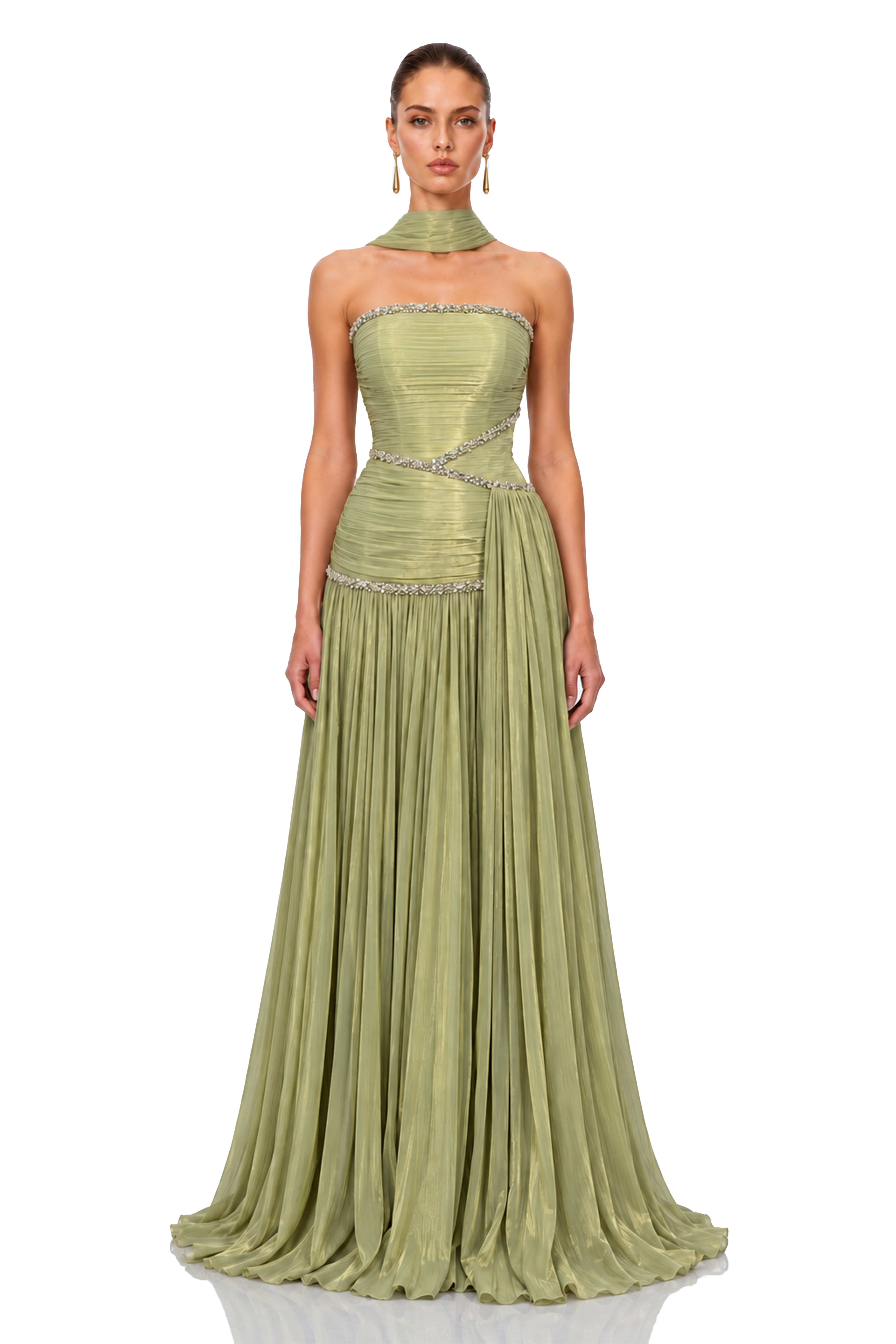 Siobhan Green Crystal-Embellished Ruched Maxi Gown with Scarf