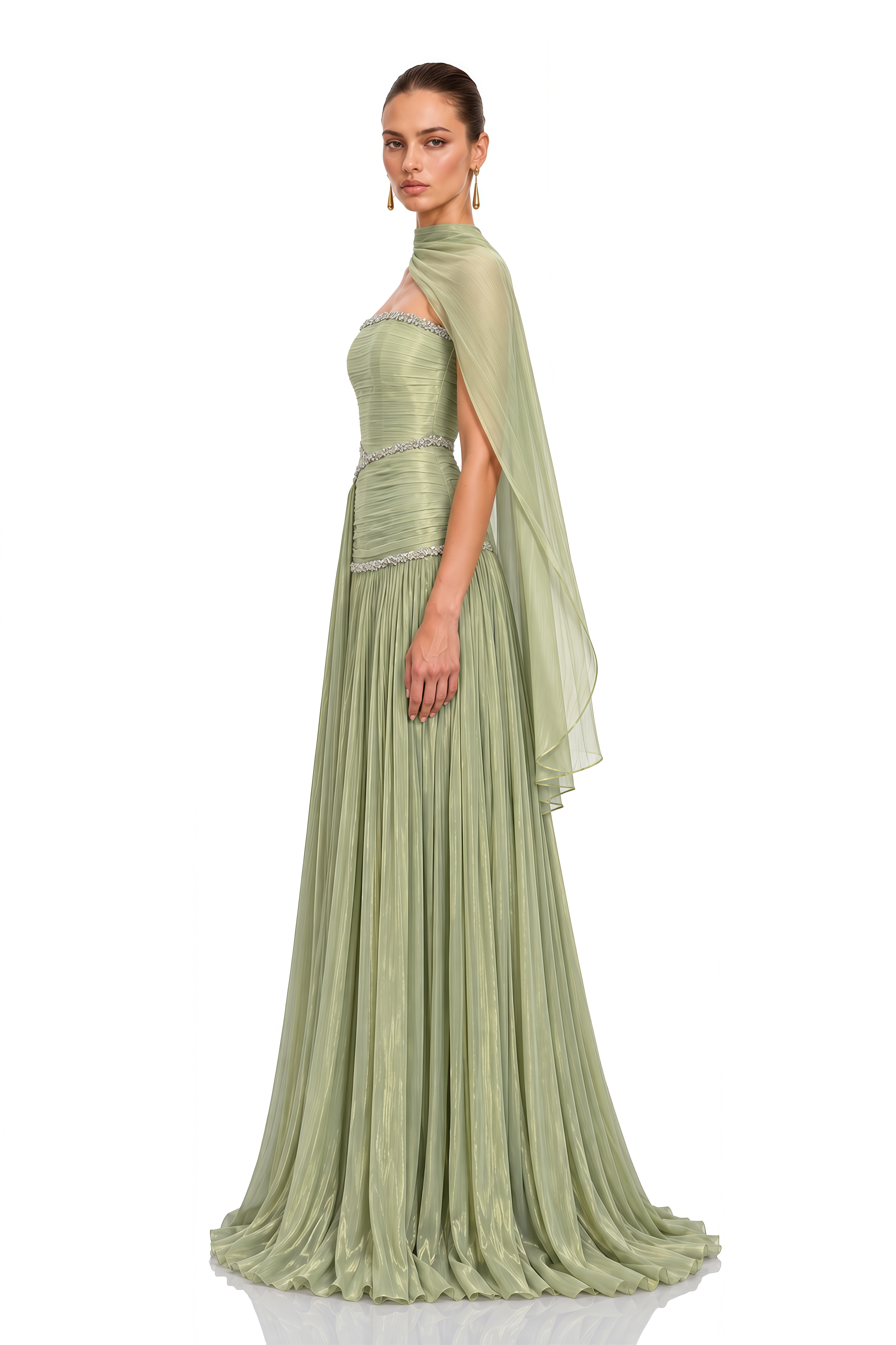 Siobhan Green Crystal-Embellished Ruched Maxi Gown with Scarf