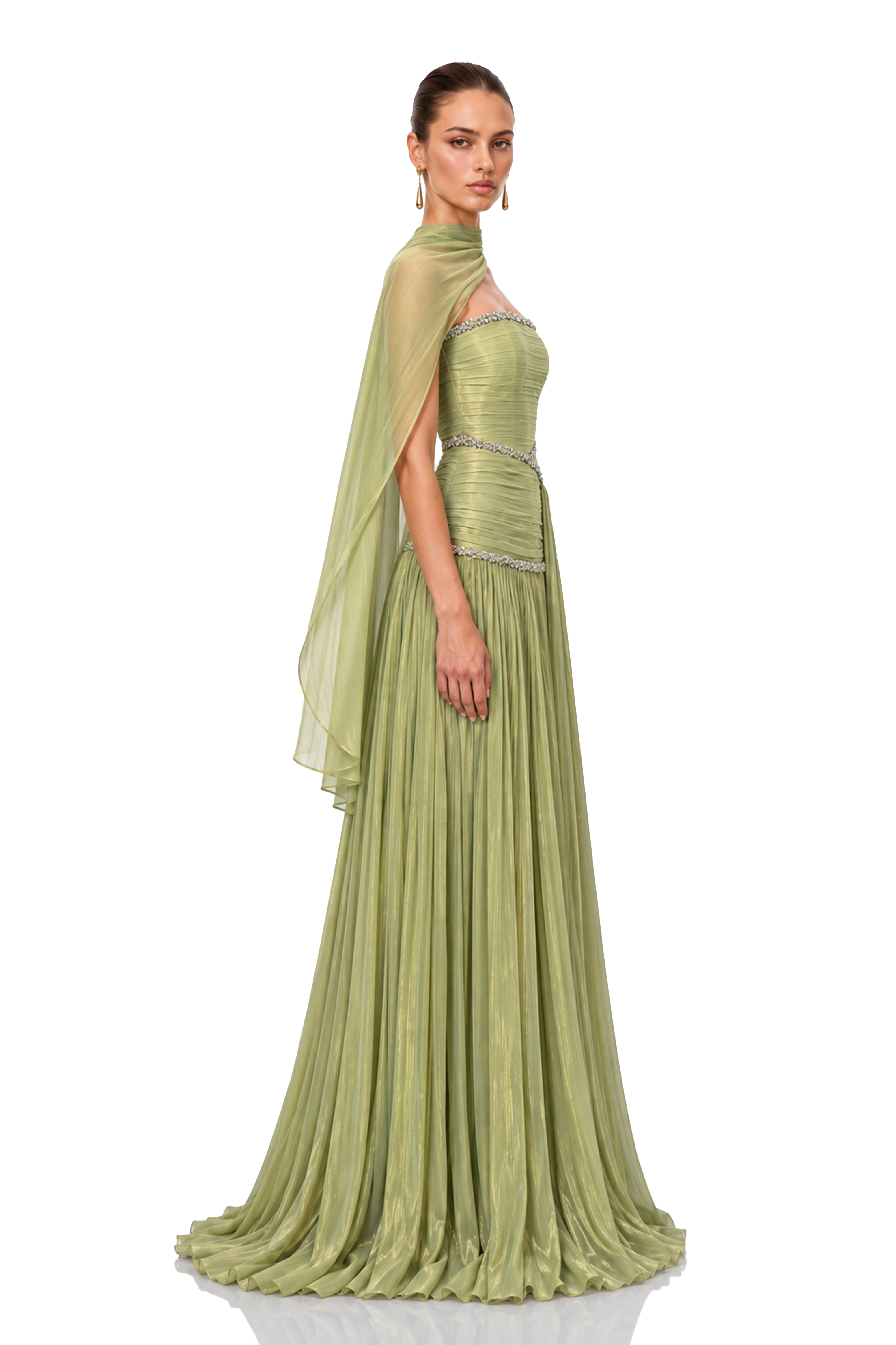 Siobhan Green Crystal-Embellished Ruched Maxi Gown with Scarf