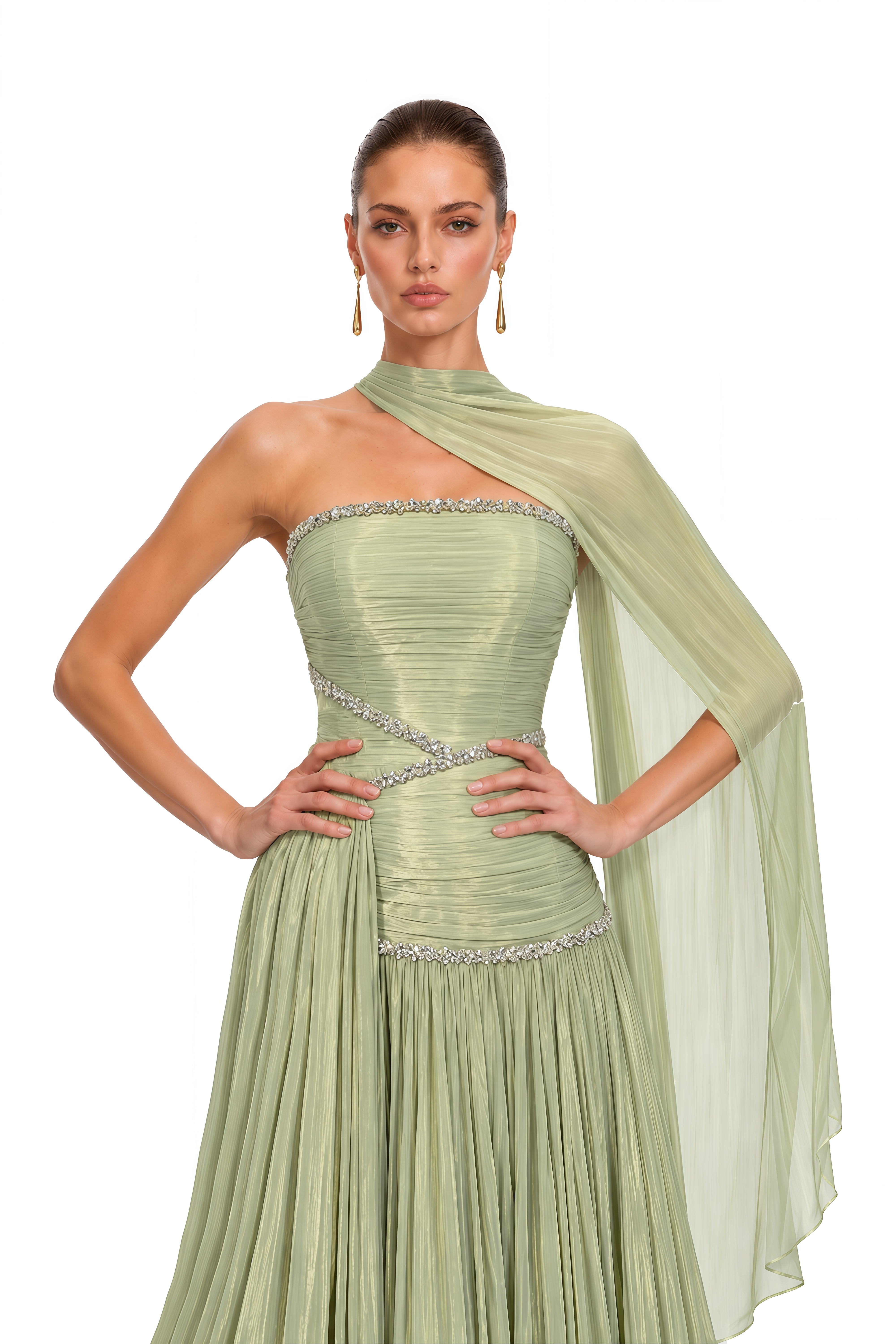 Siobhan Green Crystal-Embellished Ruched Maxi Gown with Scarf