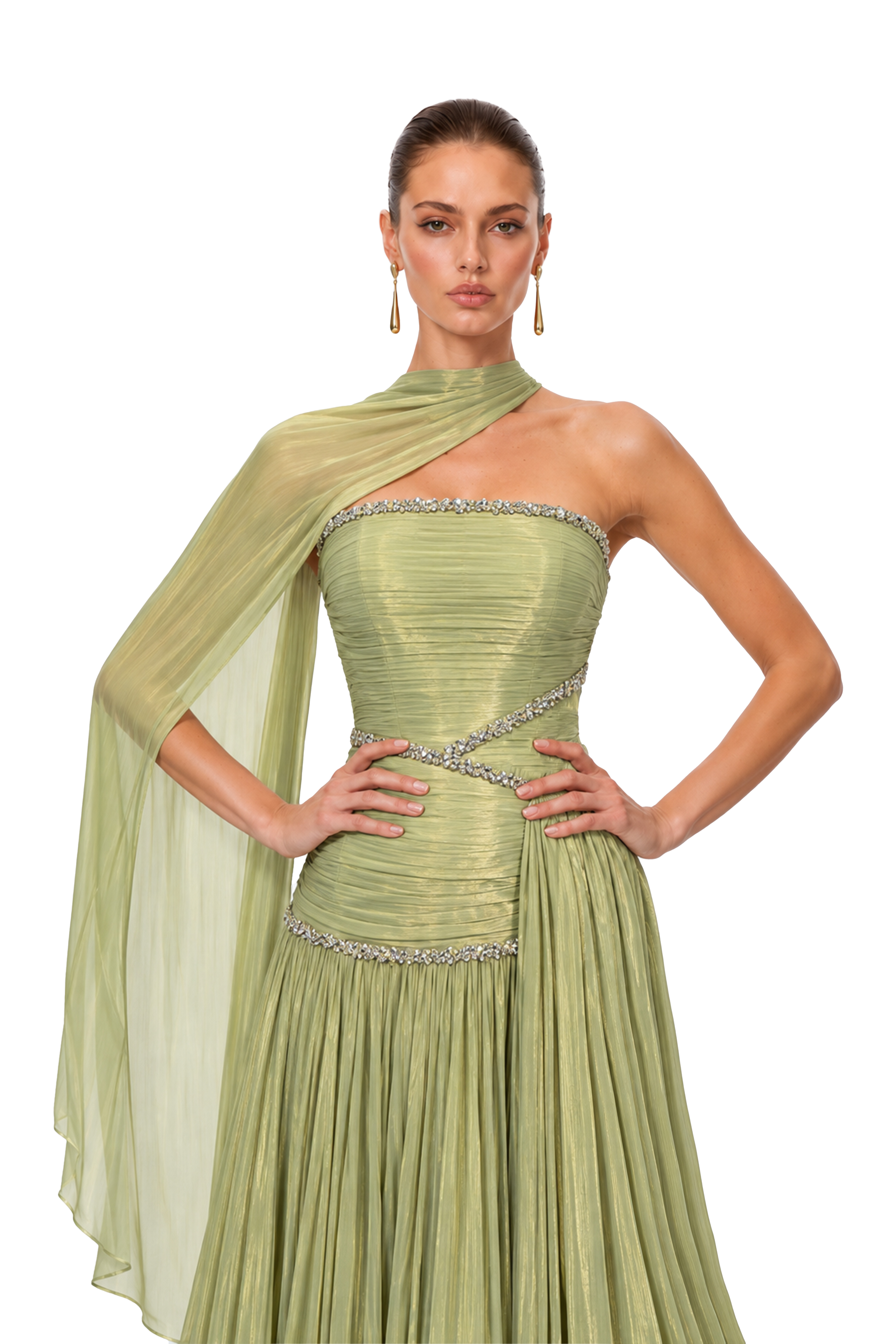 Siobhan Green Crystal-Embellished Ruched Maxi Gown with Scarf