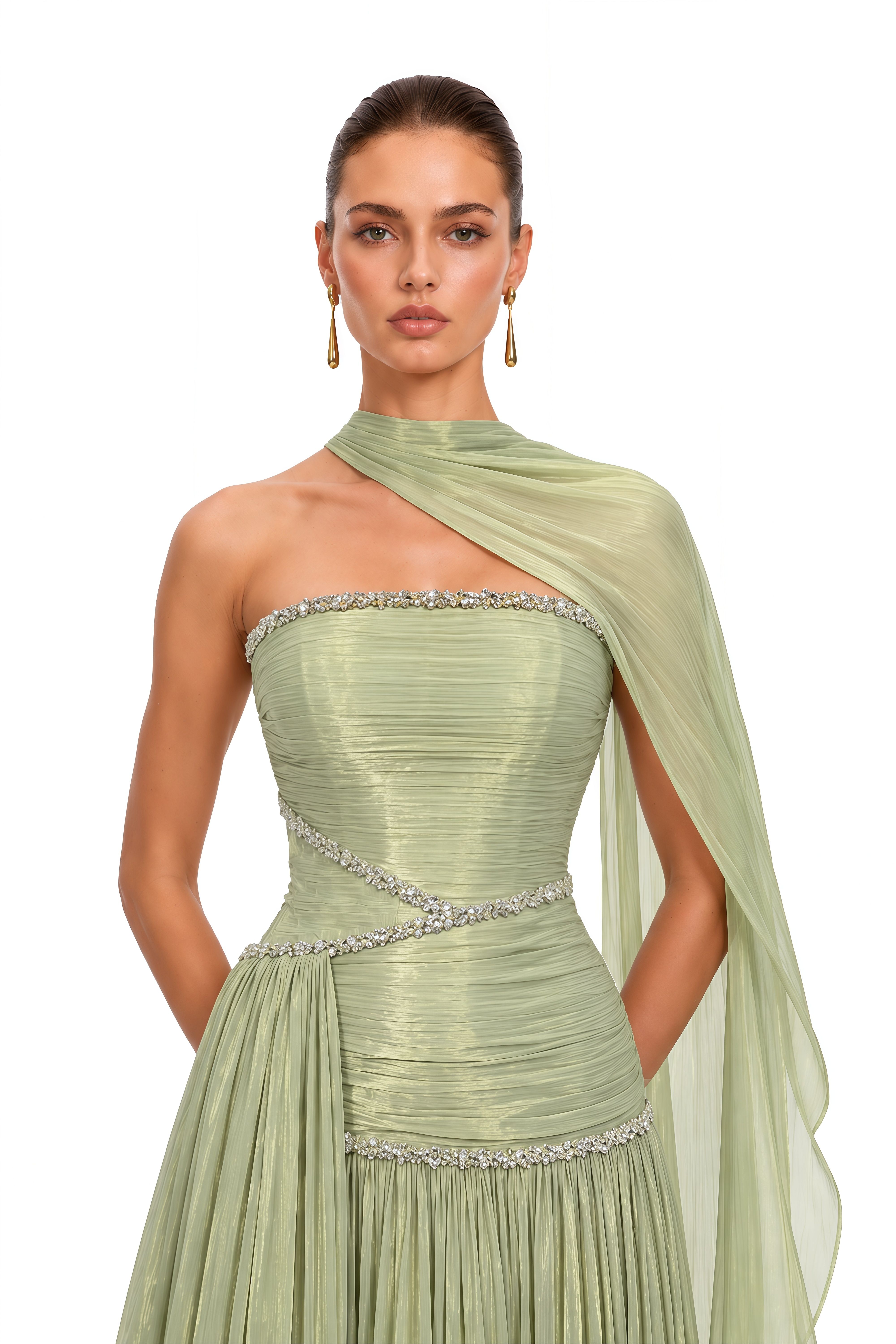 Siobhan Green Crystal-Embellished Ruched Maxi Gown with Scarf