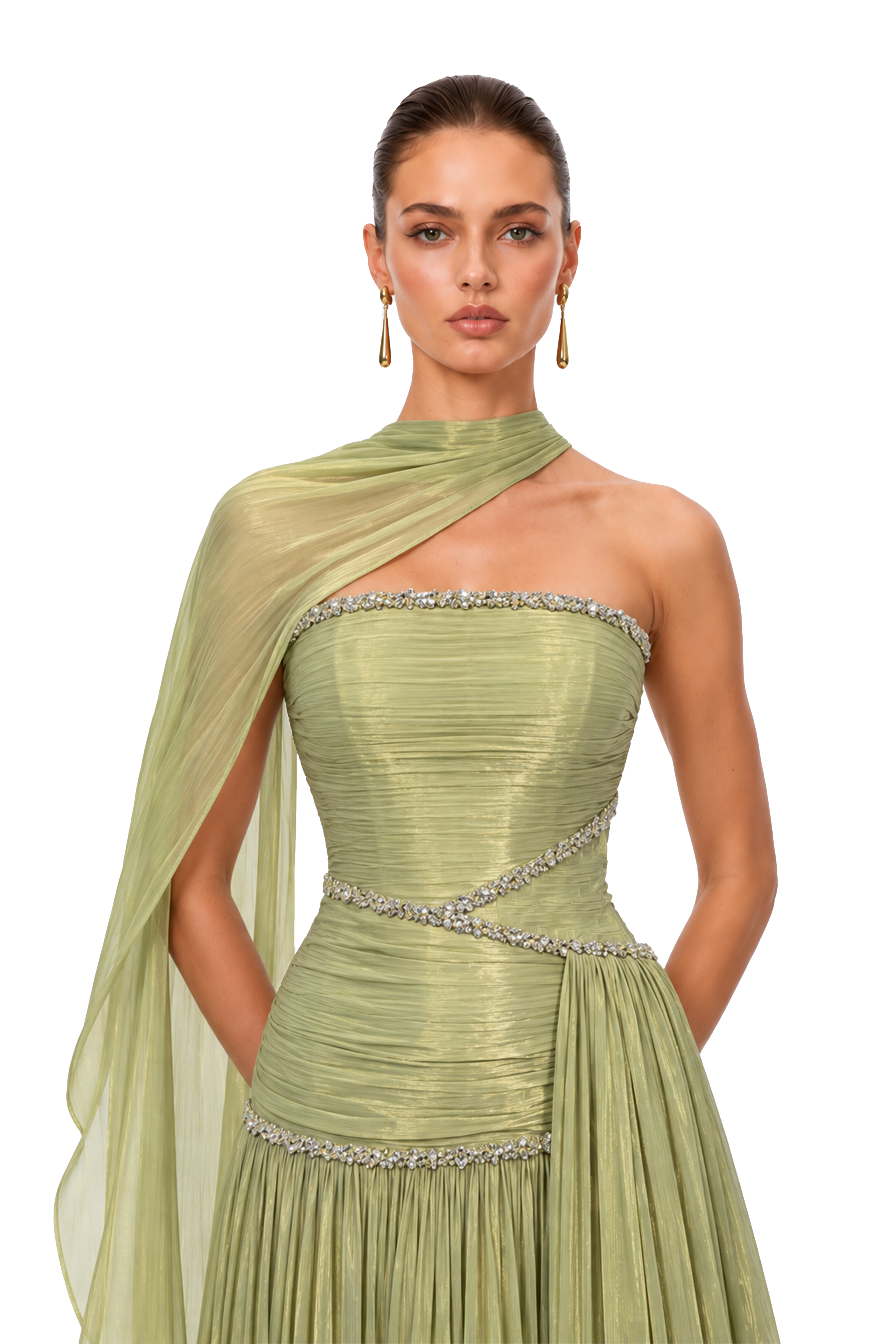 Siobhan Green Crystal-Embellished Ruched Maxi Gown with Scarf