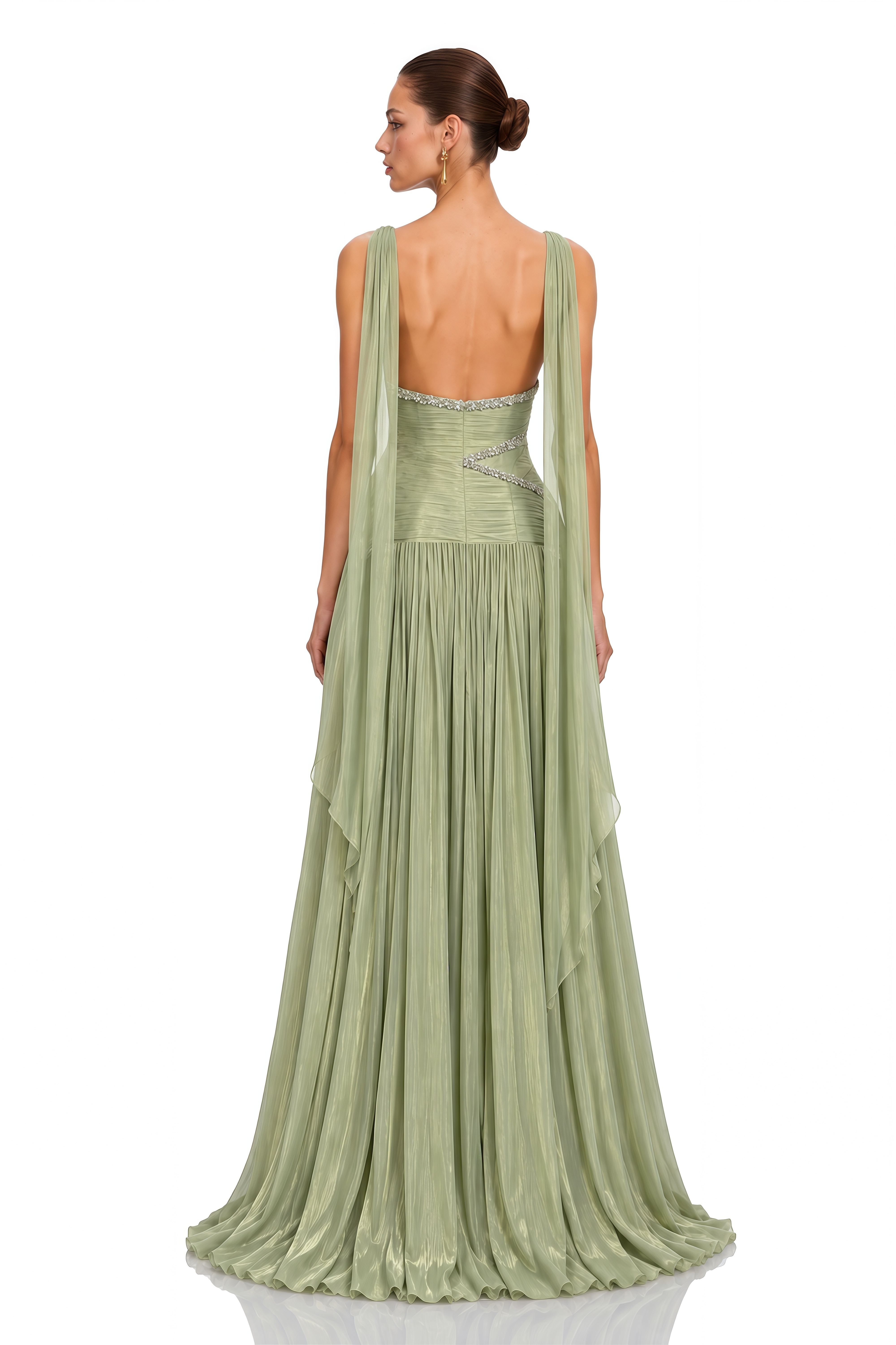 Siobhan Green Crystal-Embellished Ruched Maxi Gown with Scarf