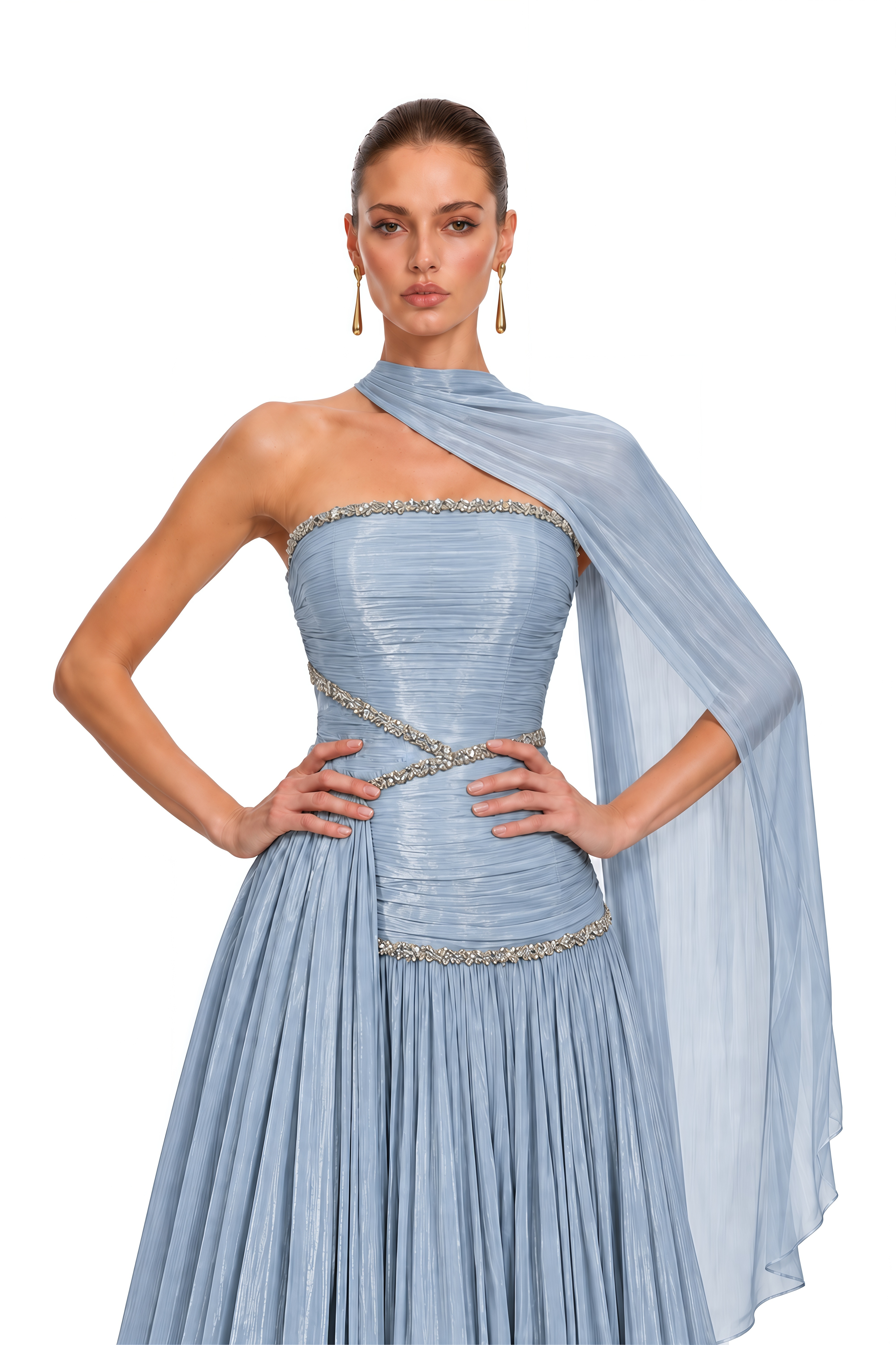 Siobhan Ice Blue Crystal-Embellished Ruched Maxi Gown with Scarf