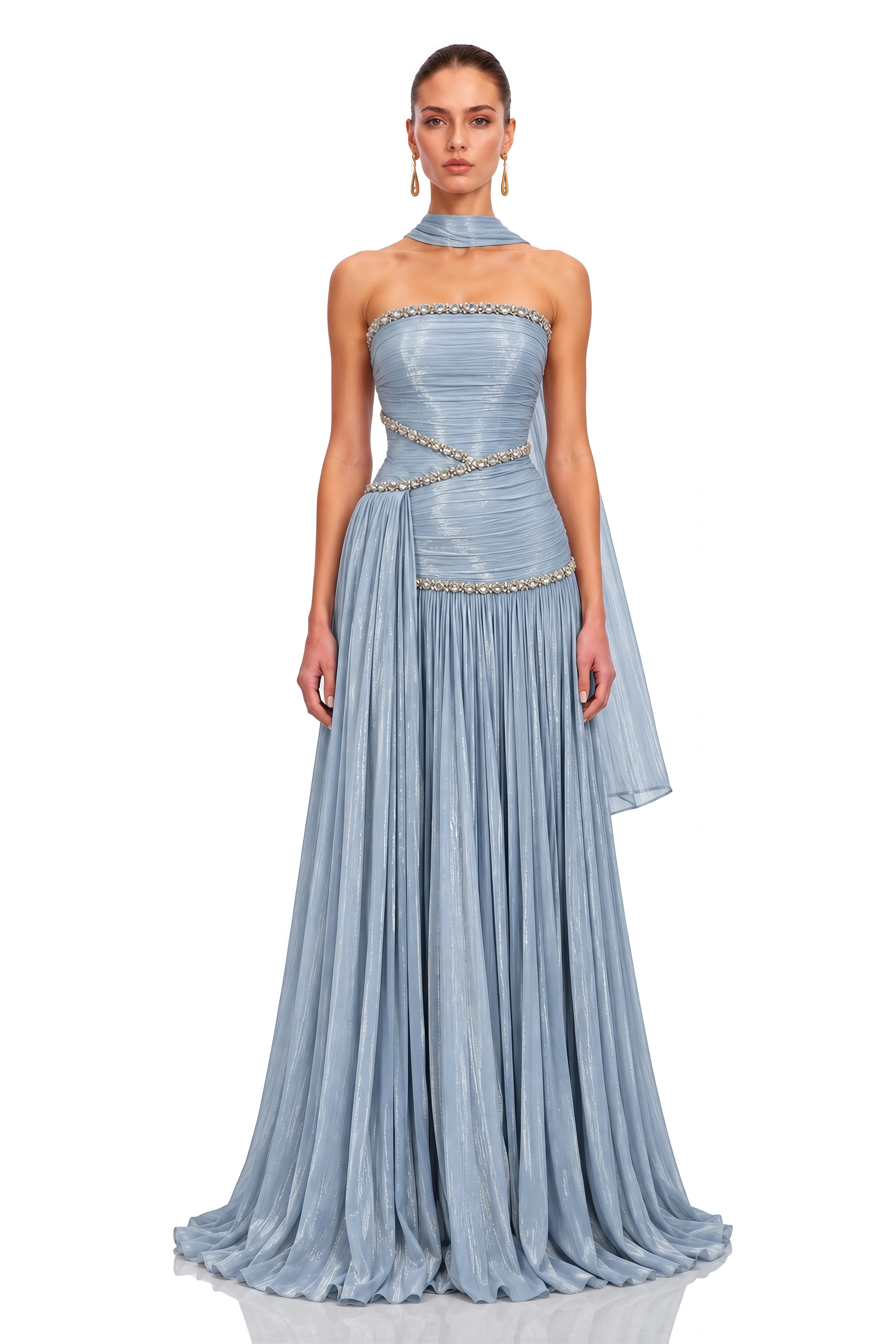 Siobhan Ice Blue Crystal-Embellished Ruched Maxi Gown with Scarf