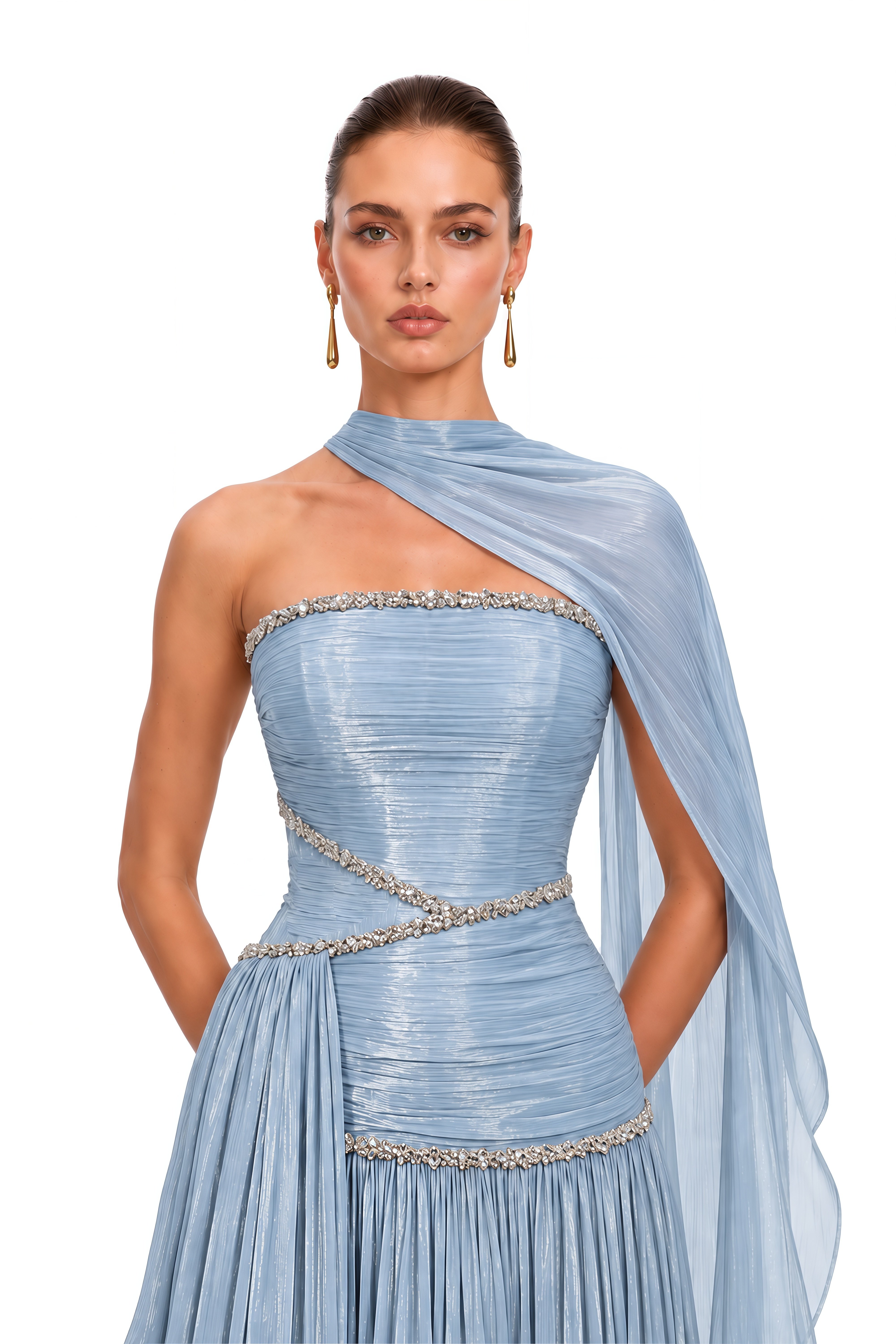 Siobhan Ice Blue Crystal-Embellished Ruched Maxi Gown with Scarf