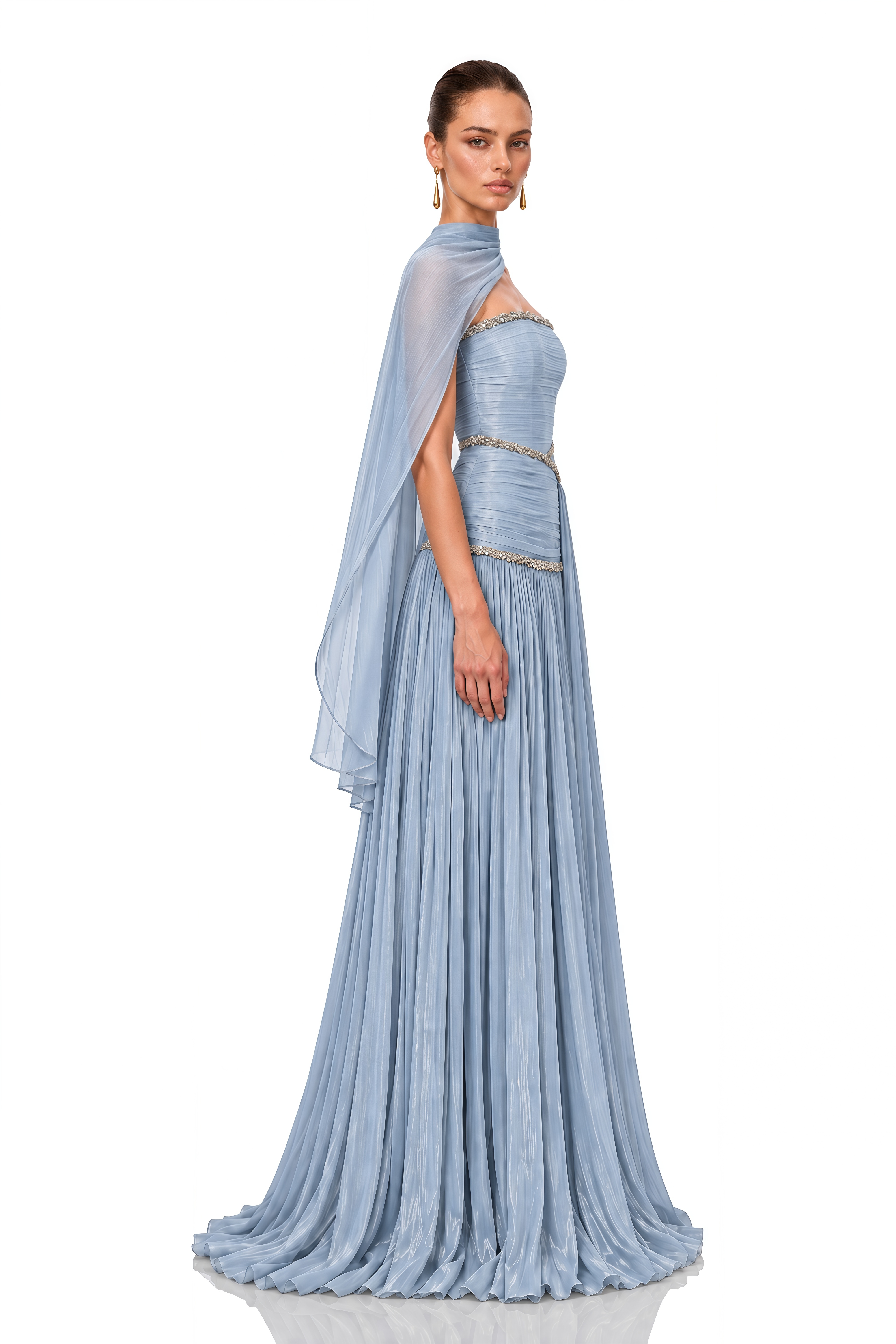 Siobhan Ice Blue Crystal-Embellished Ruched Maxi Gown with Scarf