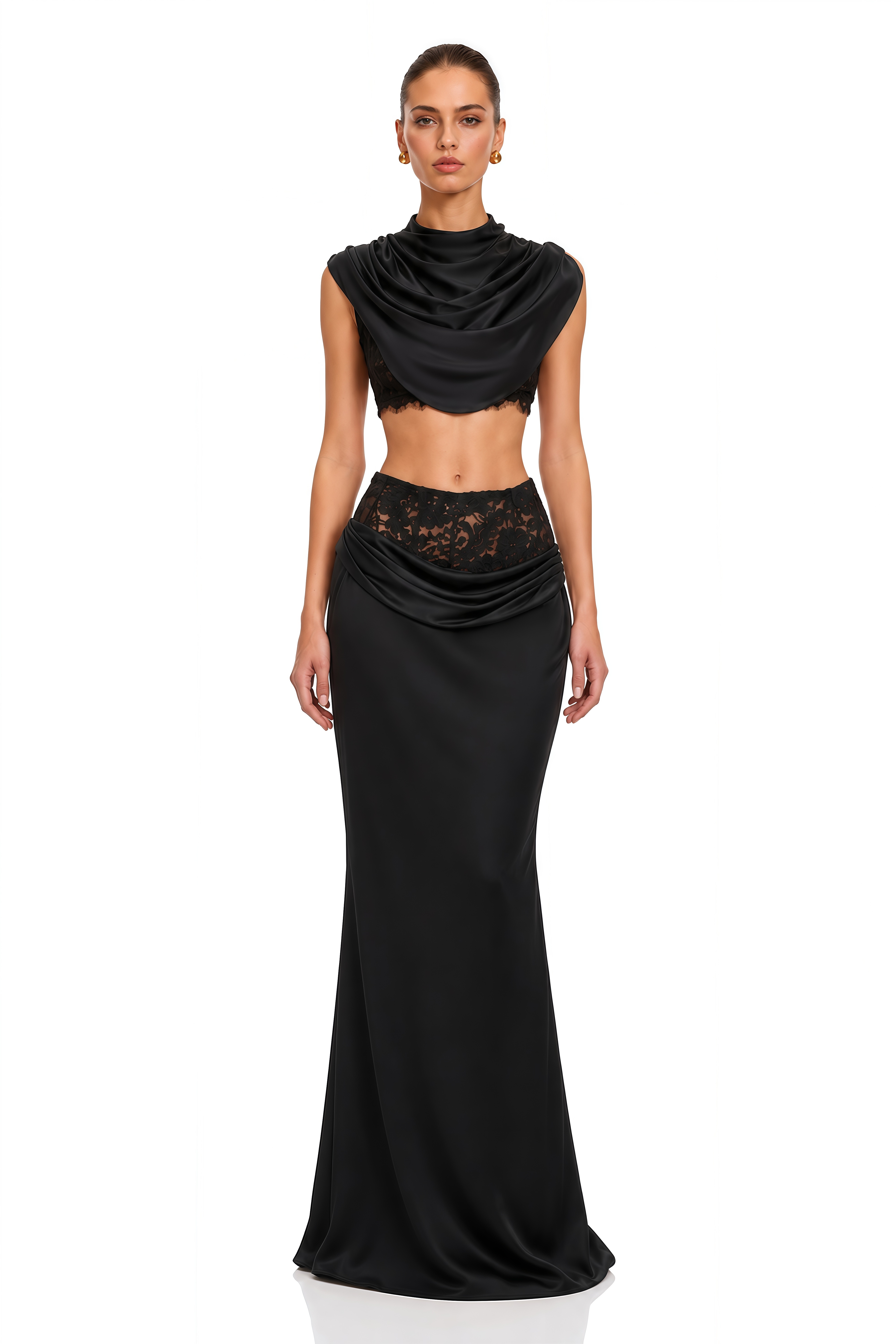Siosi Black Ruched Top & Maxi Skirt Set with Lace Trim