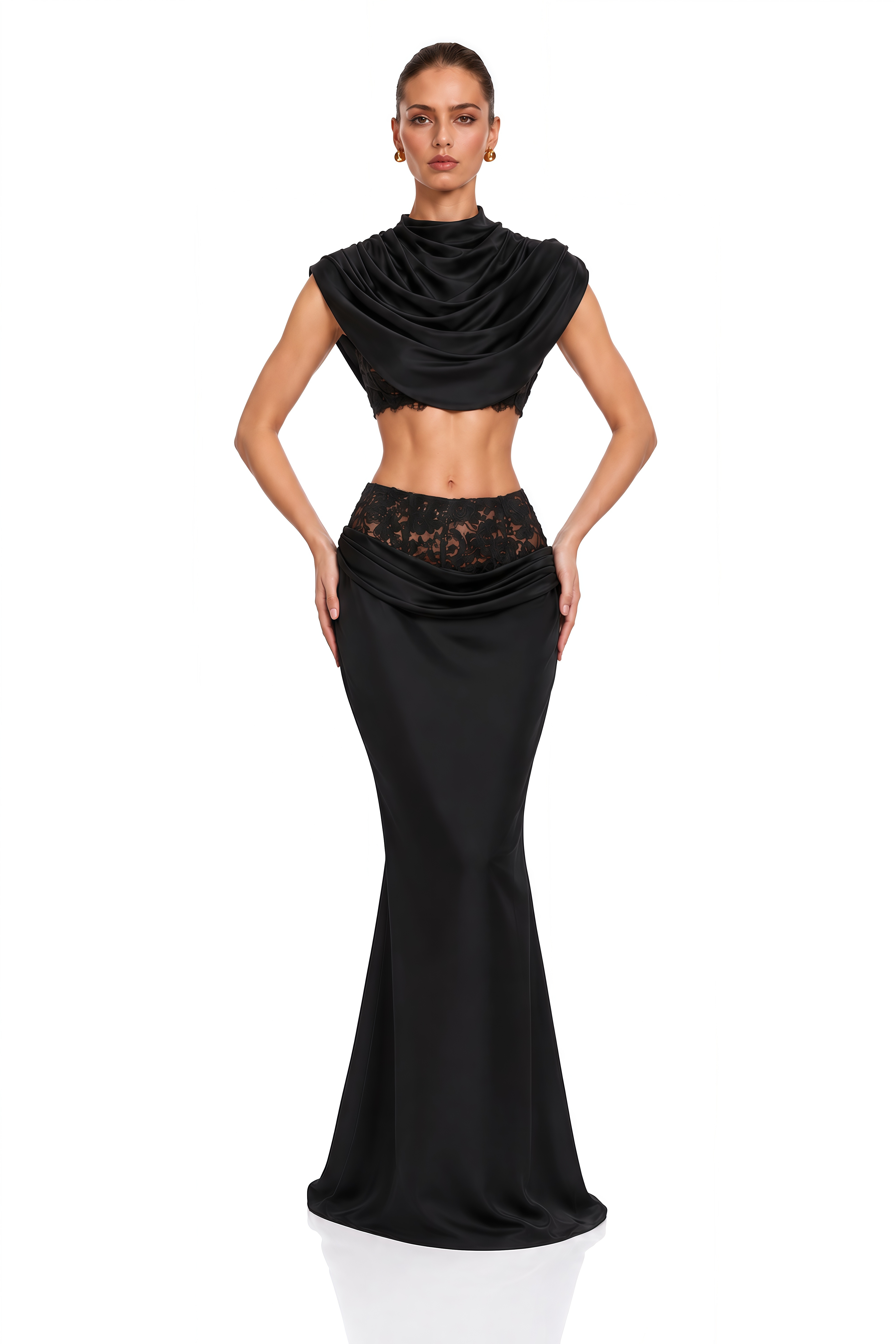Siosi Black Ruched Top & Maxi Skirt Set with Lace Trim