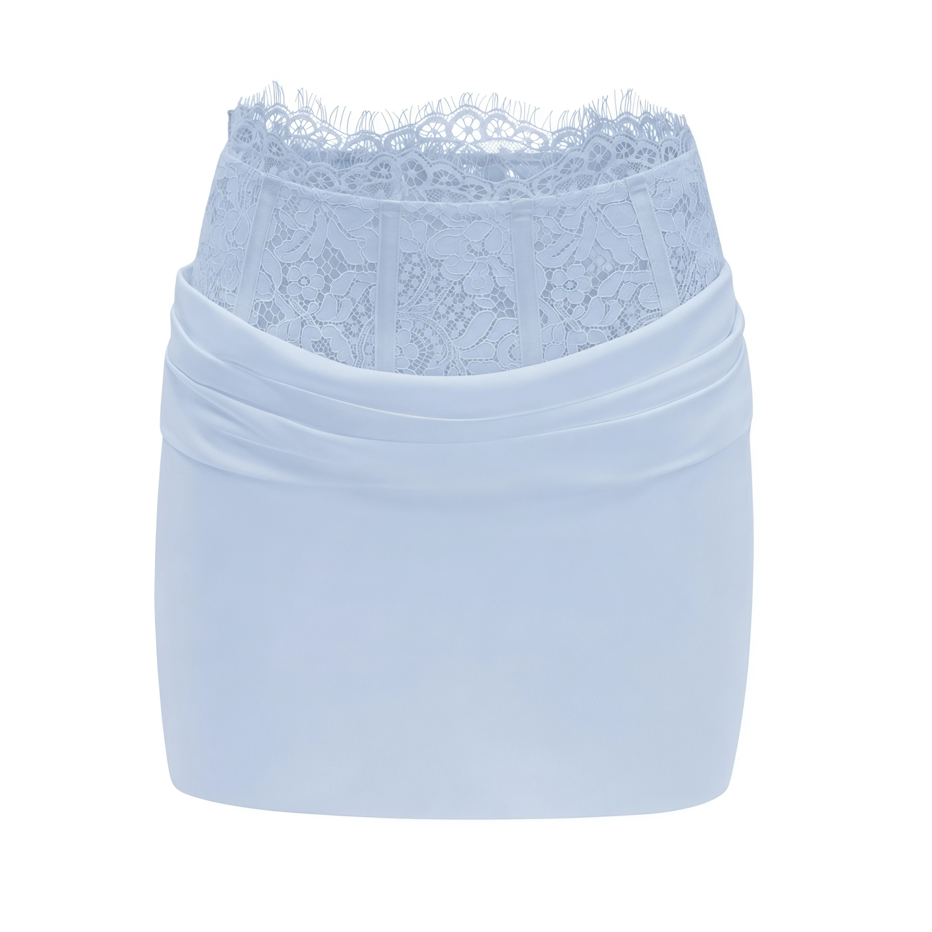Light blue two-piece set with a cowl crop top and a lace-waist mini skirt