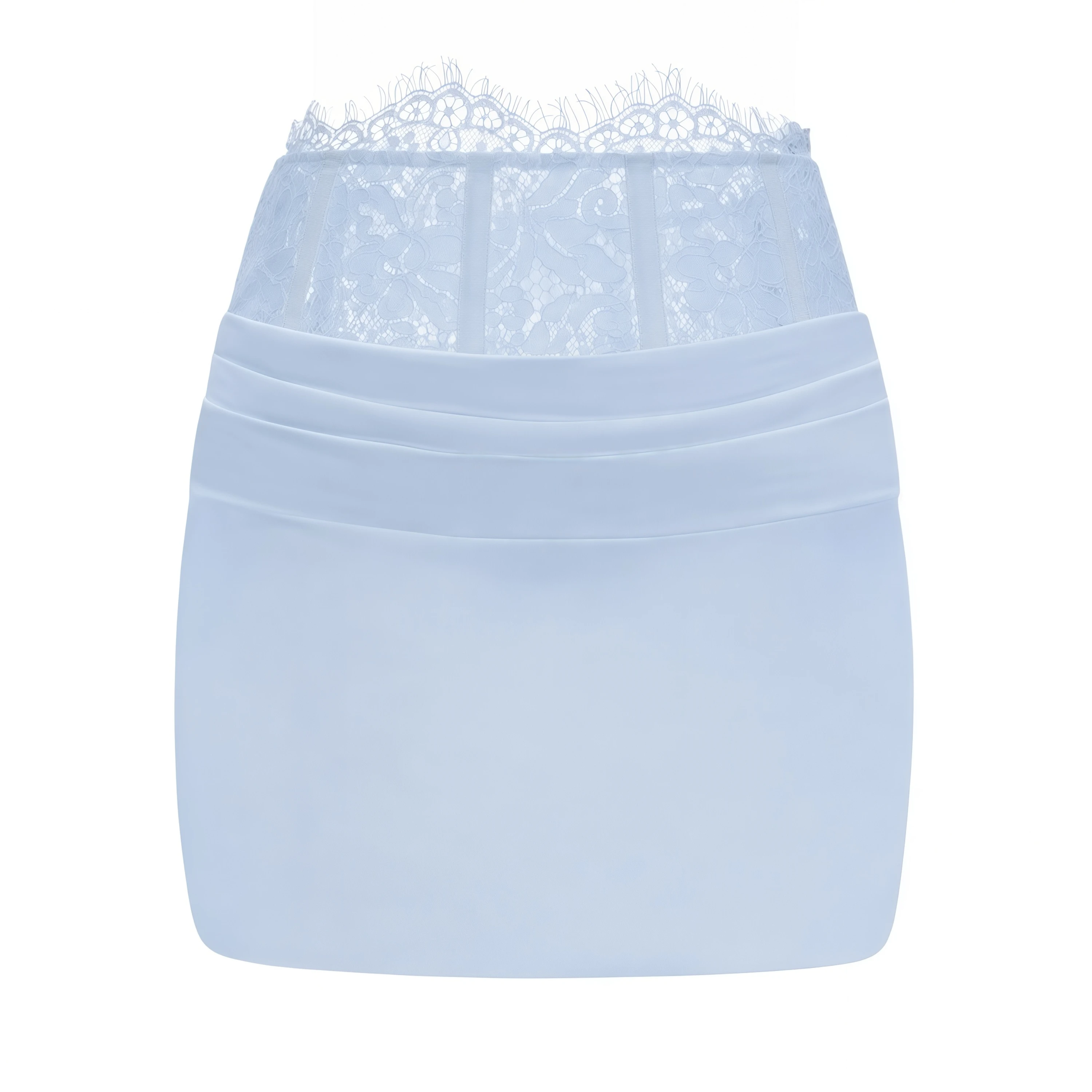 Light blue two-piece set with a cowl crop top and a lace-waist mini skirt