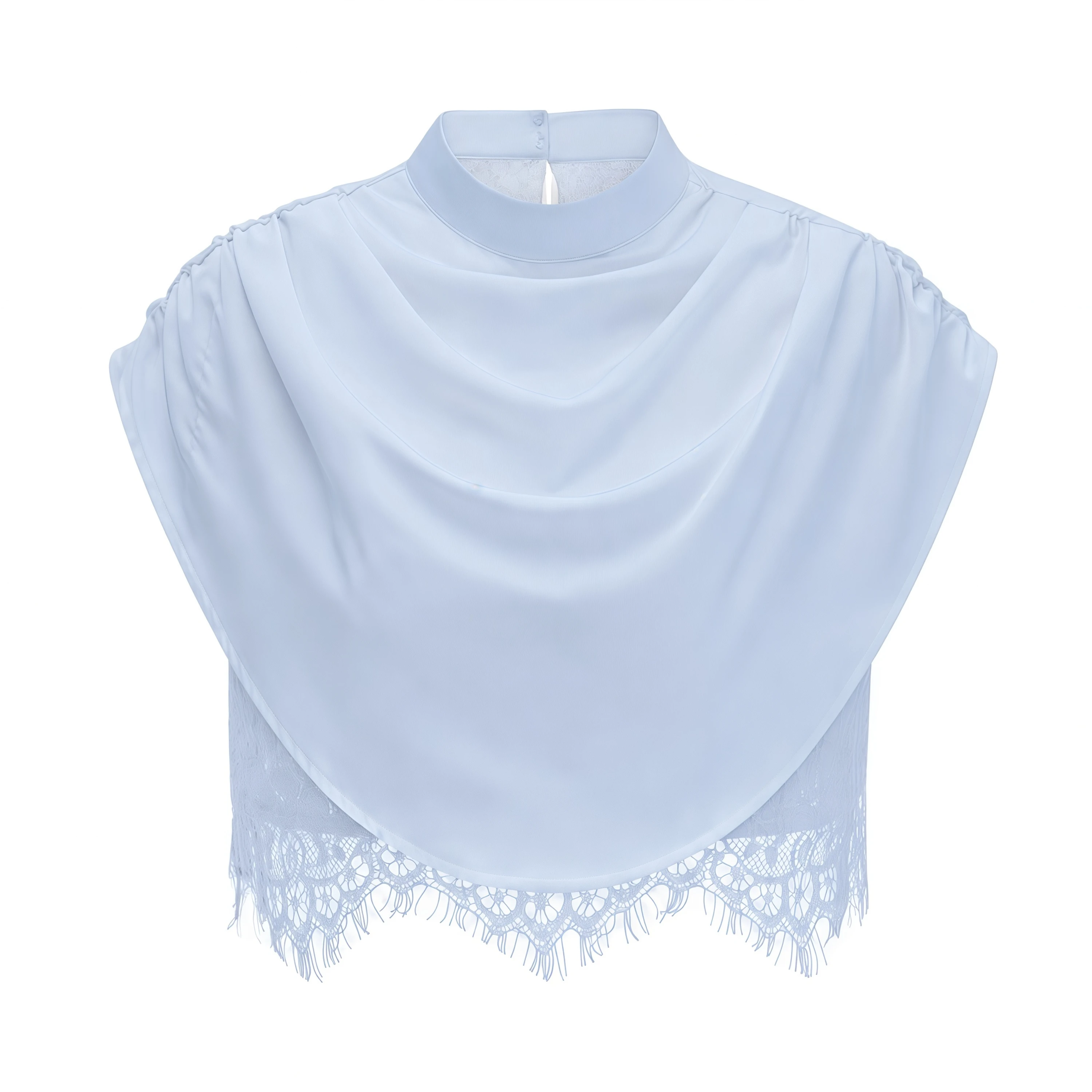 Light blue two-piece set with a cowl crop top and a lace-waist mini skirt