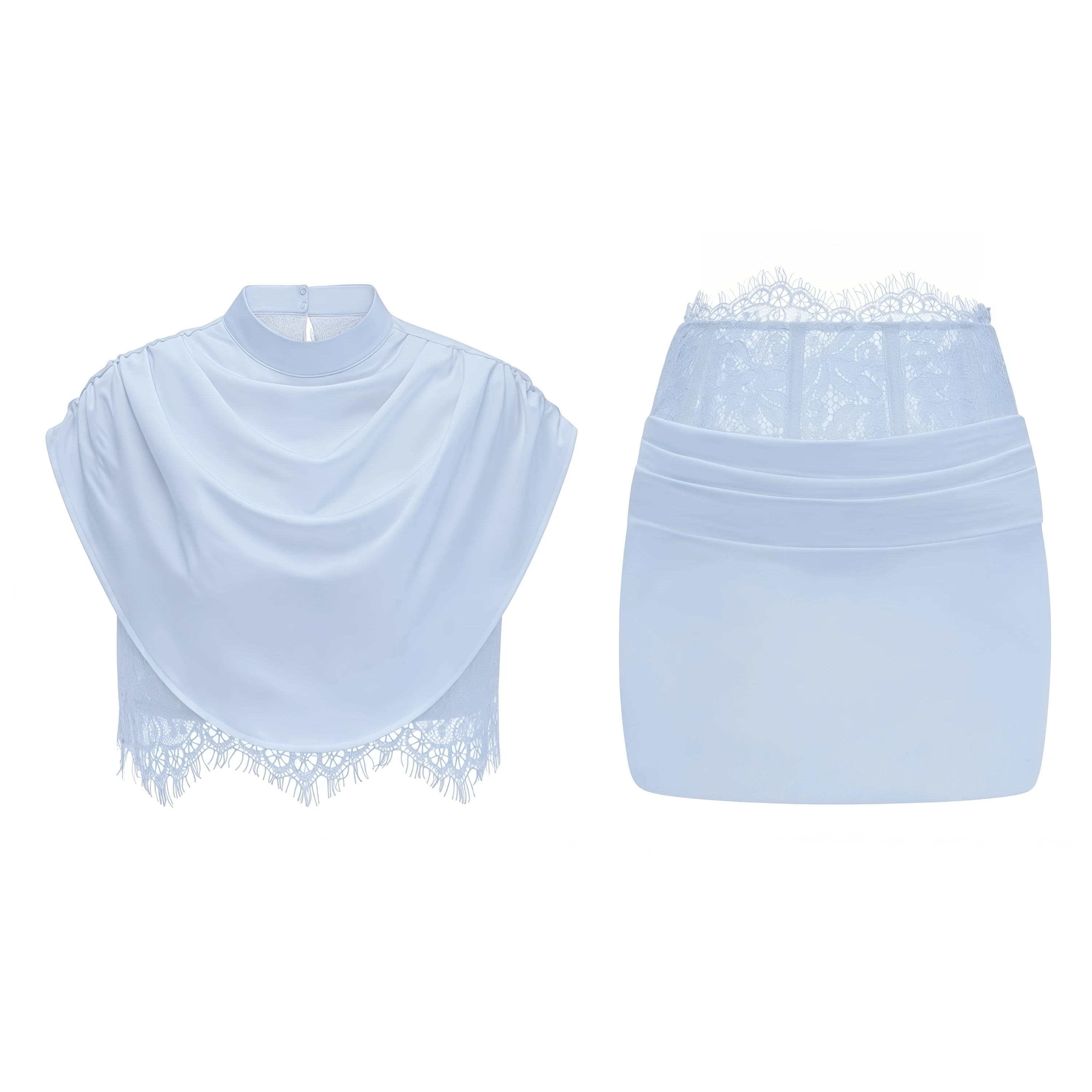 Light blue two-piece set with a cowl crop top and a lace-waist mini skirt