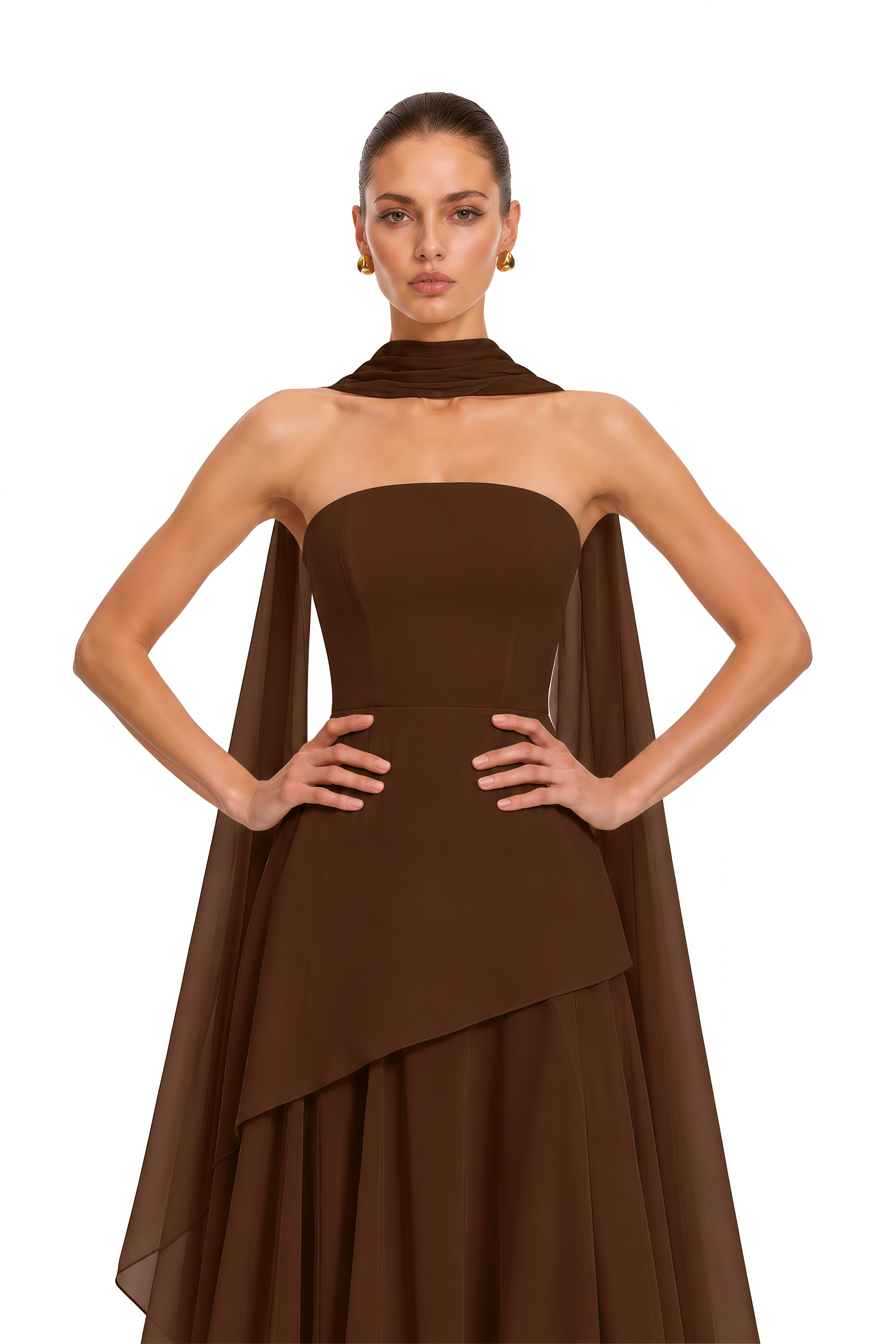 Solène Brown Off-Shoulder Ruched Maxi Gown (Final Sale)