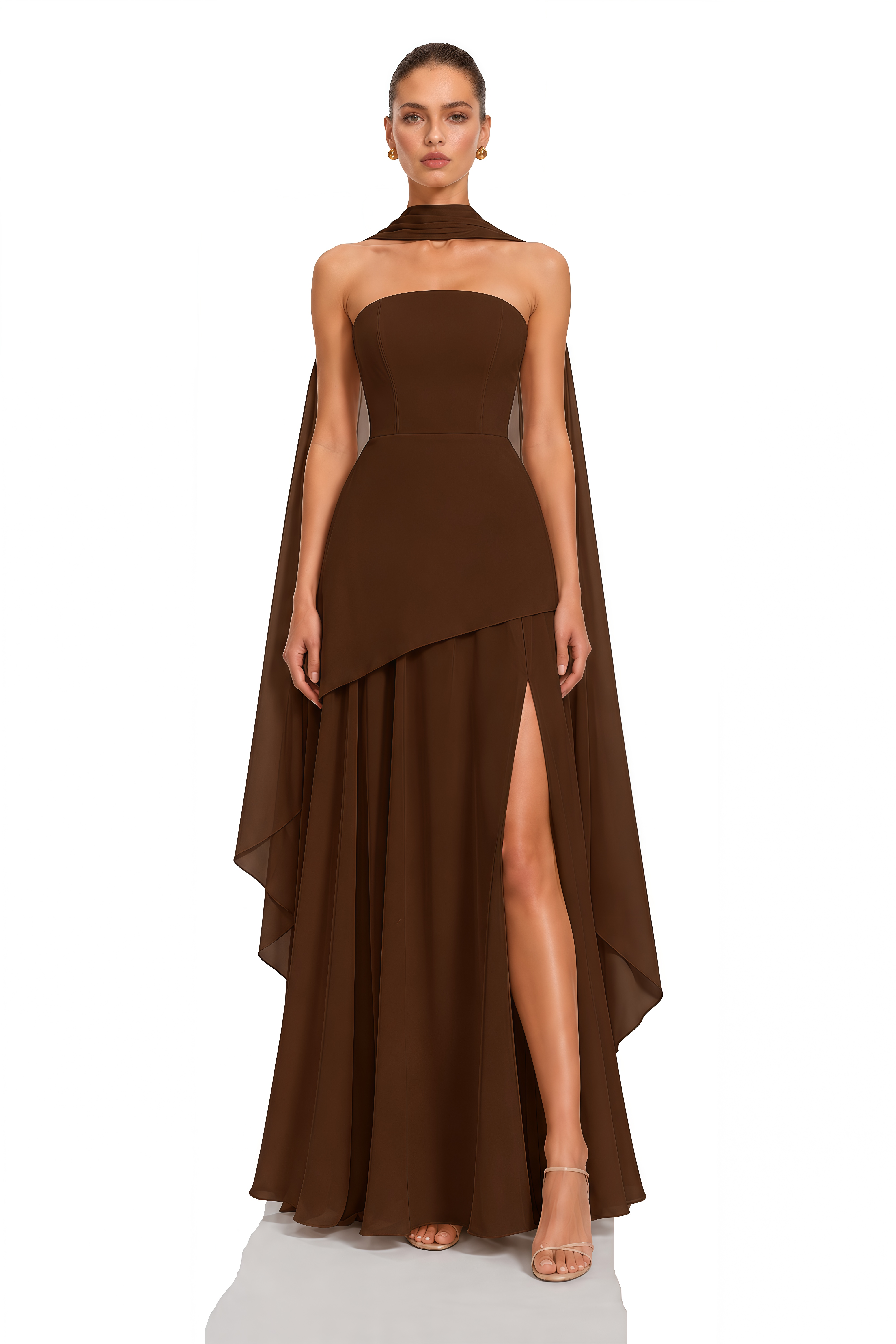 Solène Brown Off-Shoulder Ruched Maxi Gown (Final Sale)