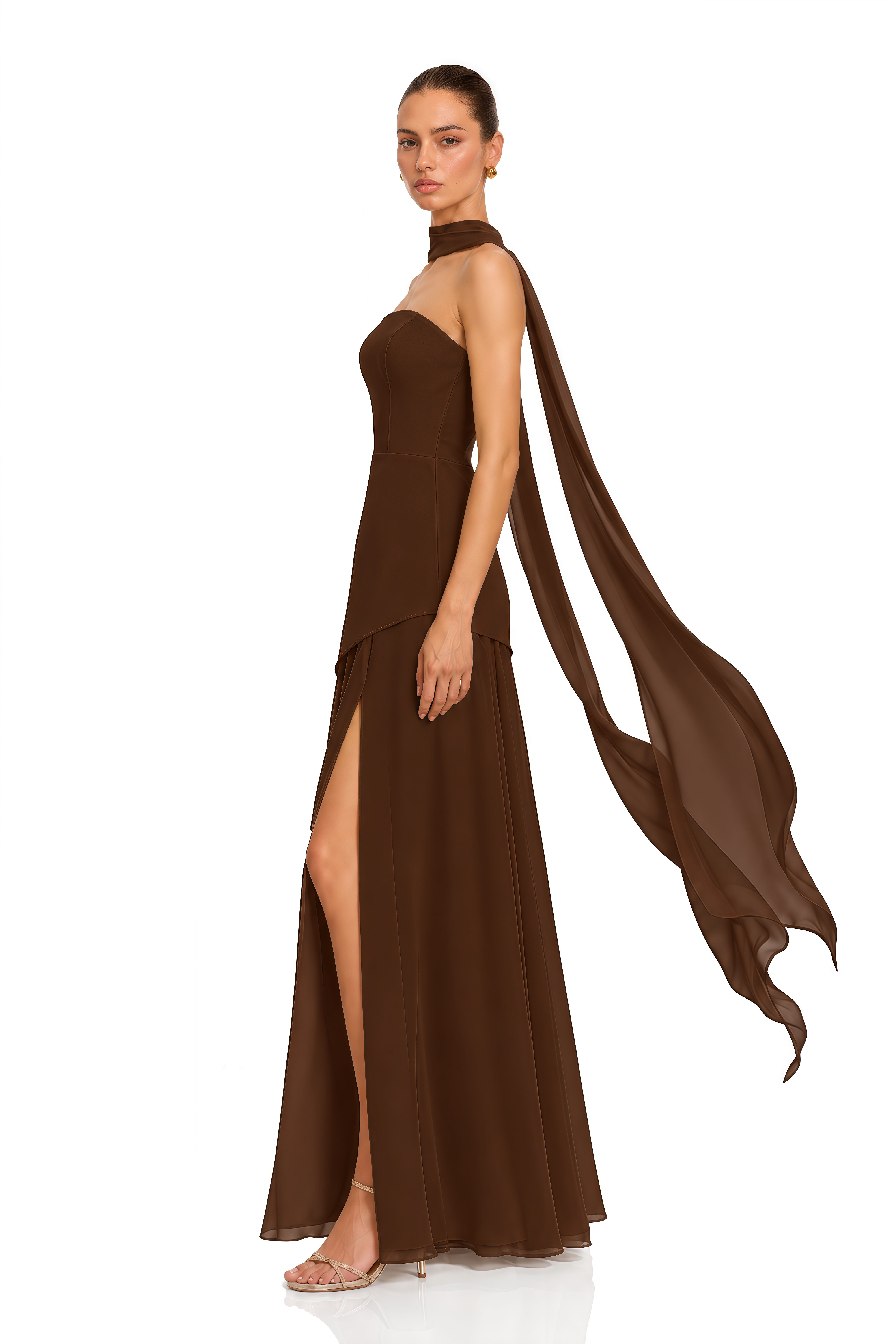 Solène Brown Off-Shoulder Ruched Maxi Gown (Final Sale)