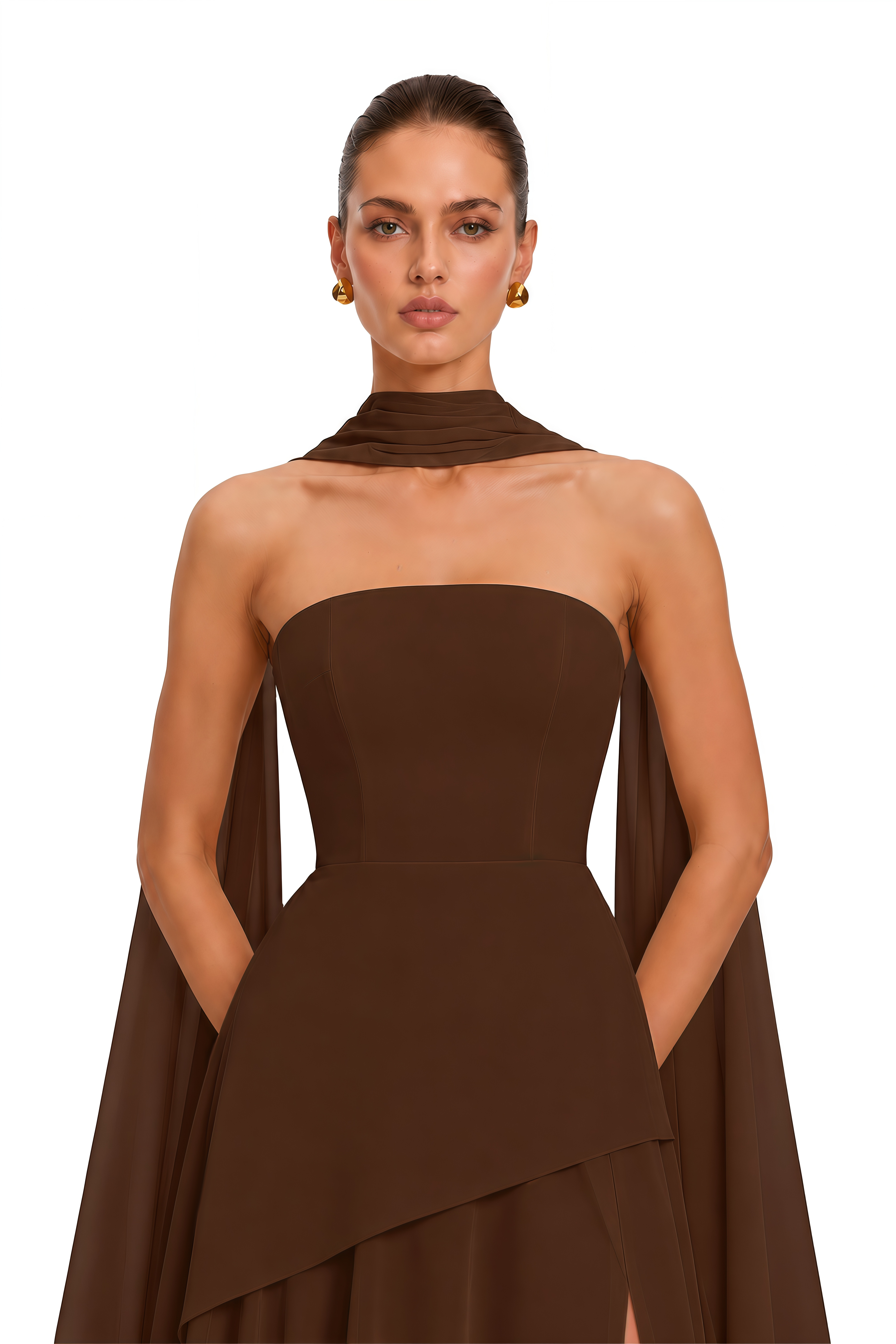 Solène Brown Off-Shoulder Ruched Maxi Gown (Final Sale)
