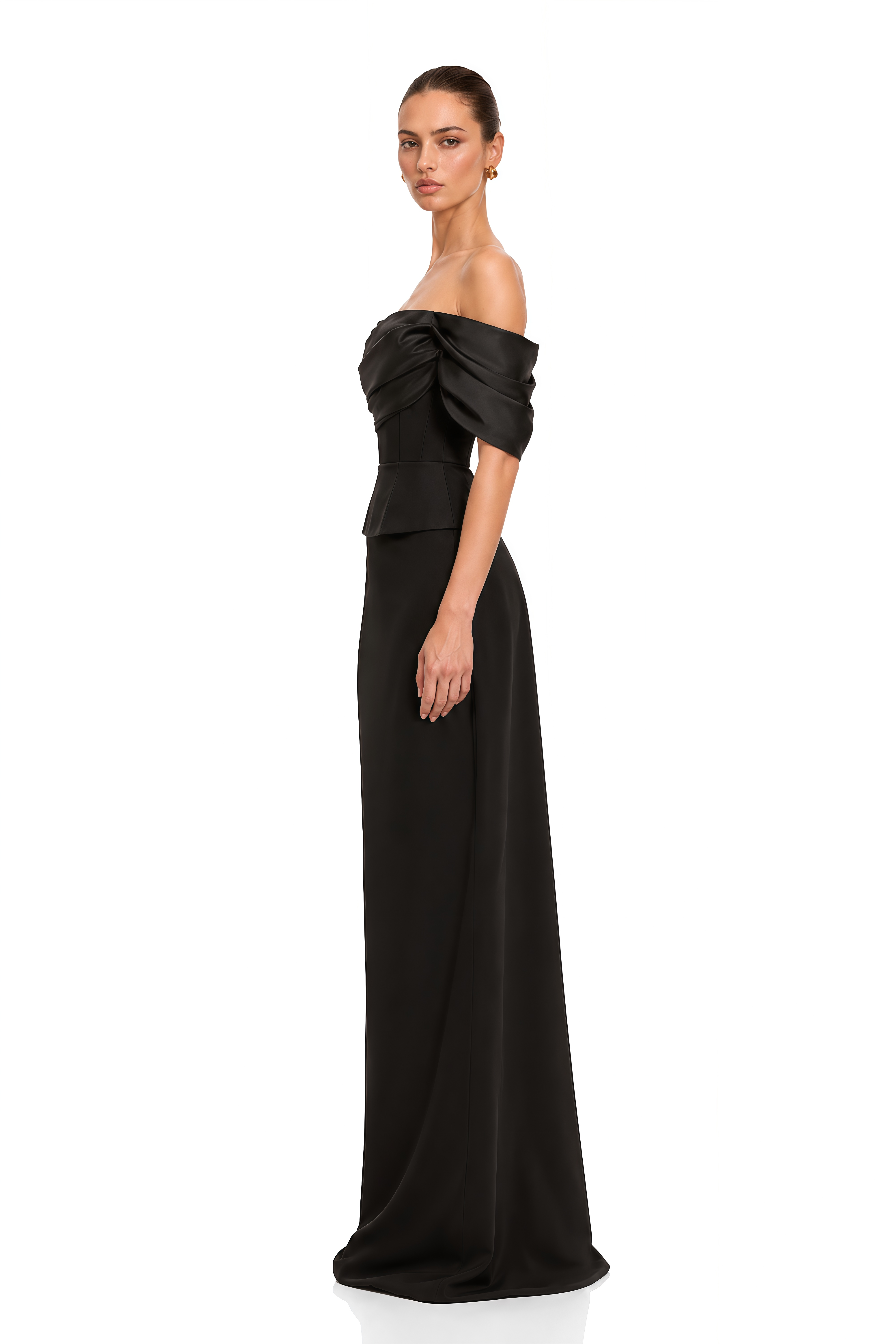 Soleane Black Satin Draped Off Shoulder Maxi Dress