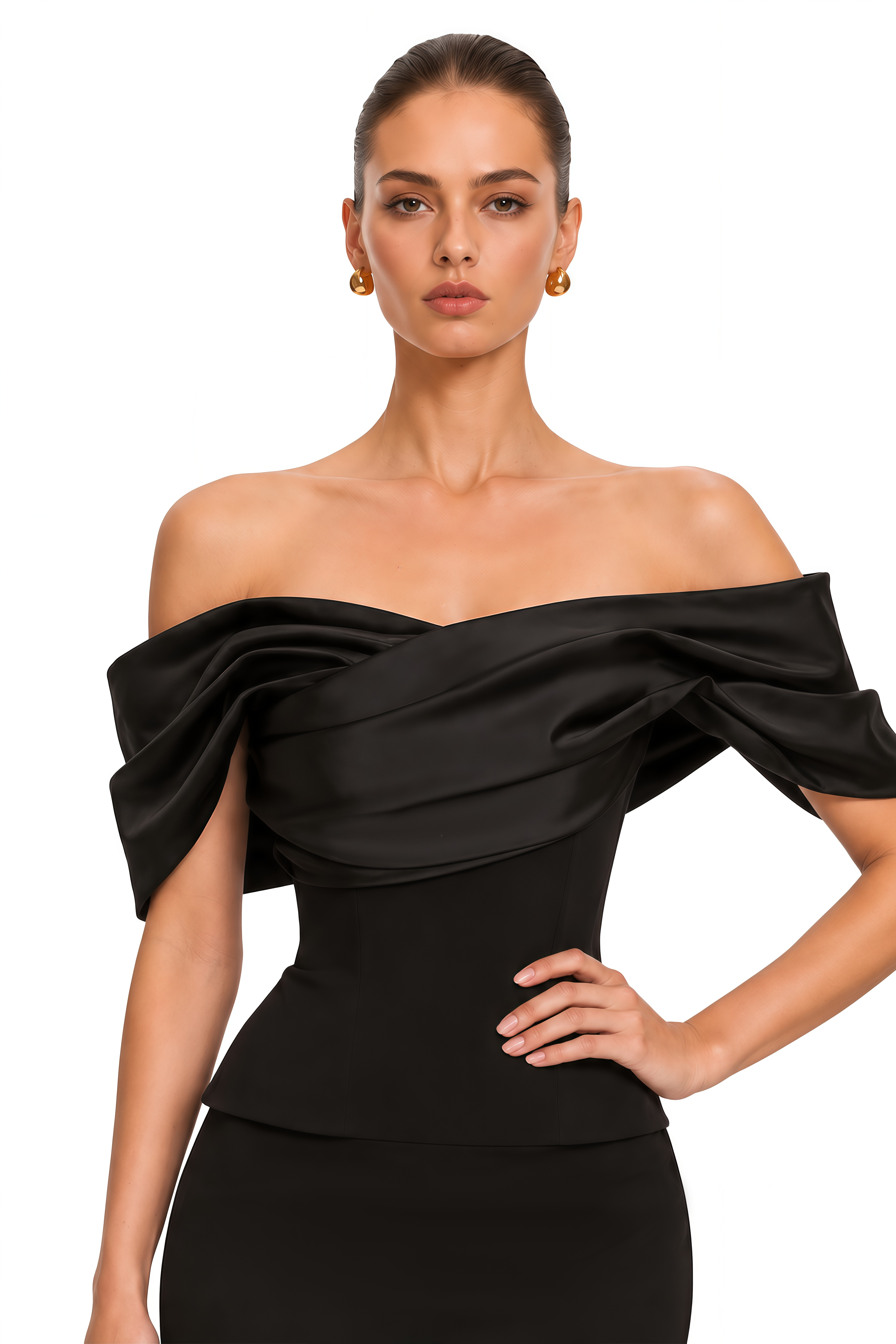 Soleane Black Satin Draped Off Shoulder Maxi Dress