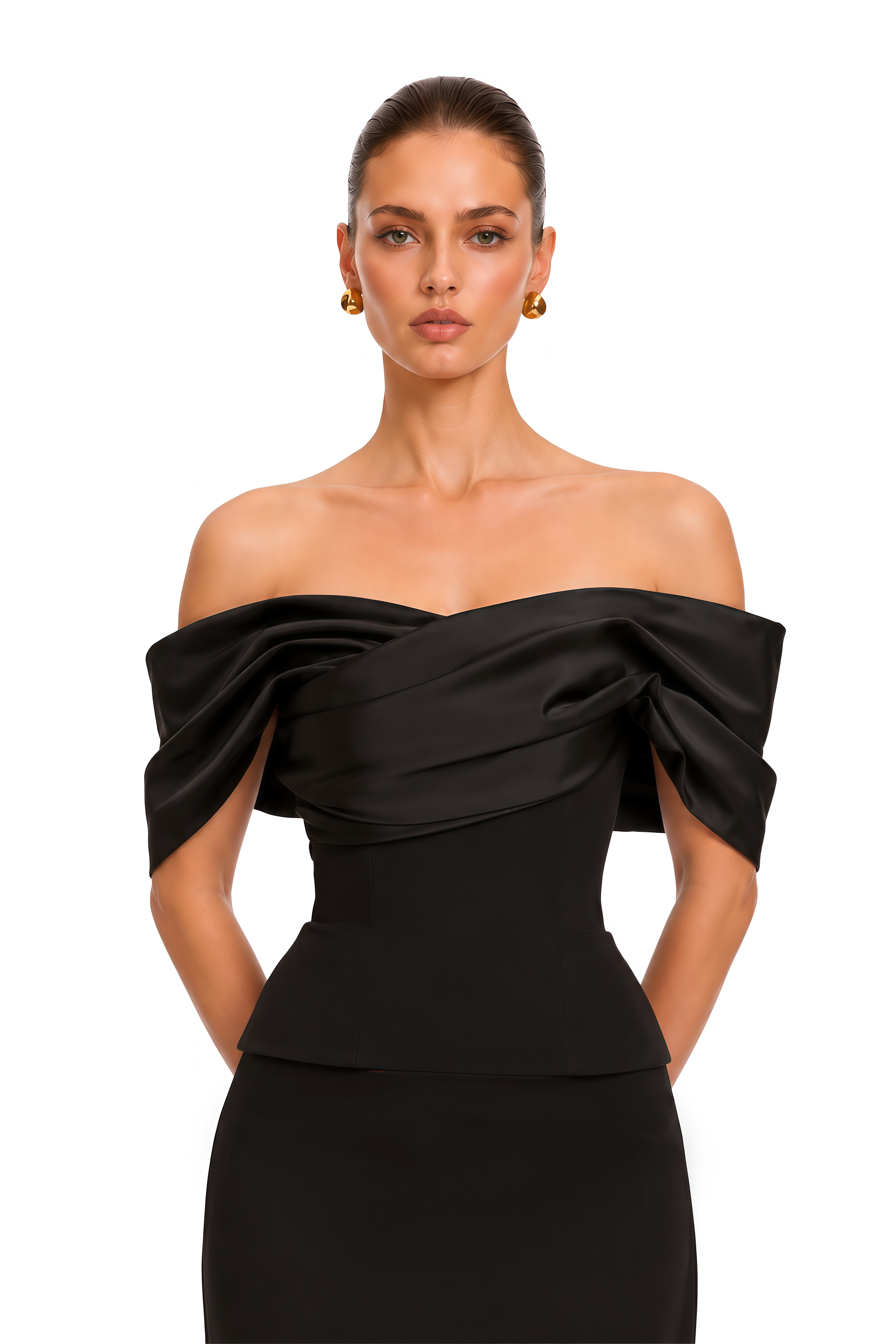 Soleane Black Satin Draped Off Shoulder Maxi Dress
