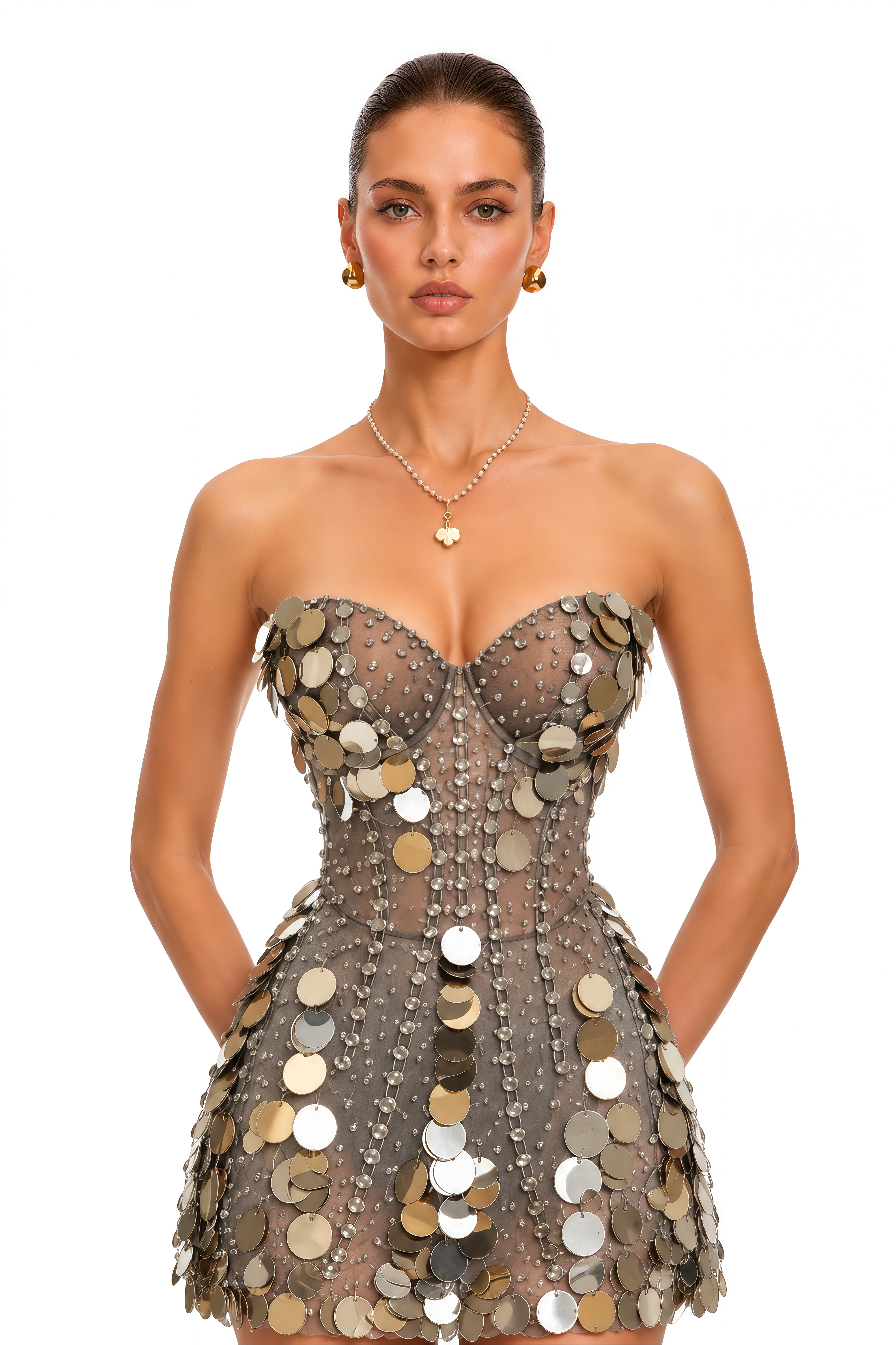 Solenne Silver Metallic Beaded Sheer Mesh Mini Dress
