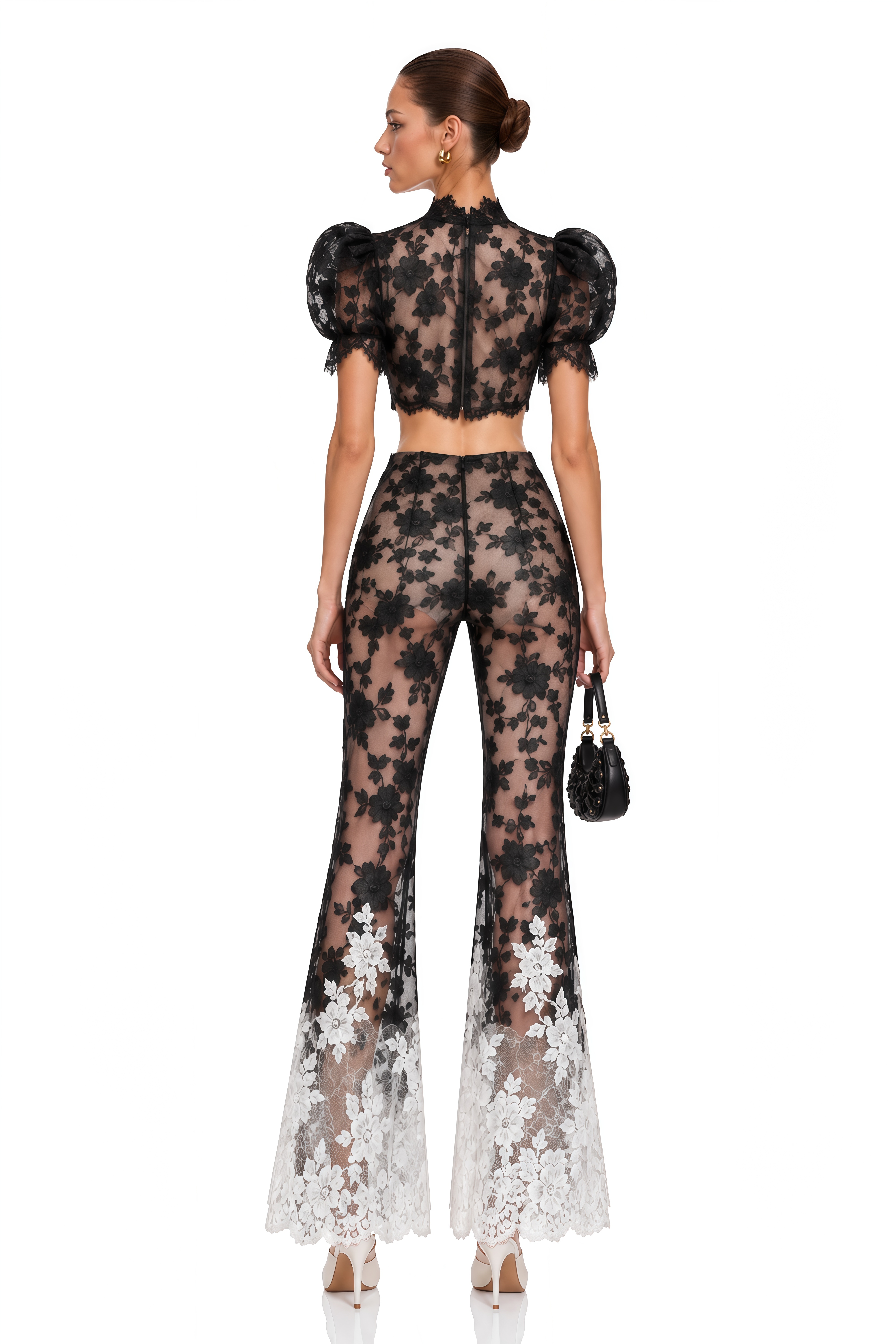 Solina Black Lace Crop Top & Flared Trousers Set