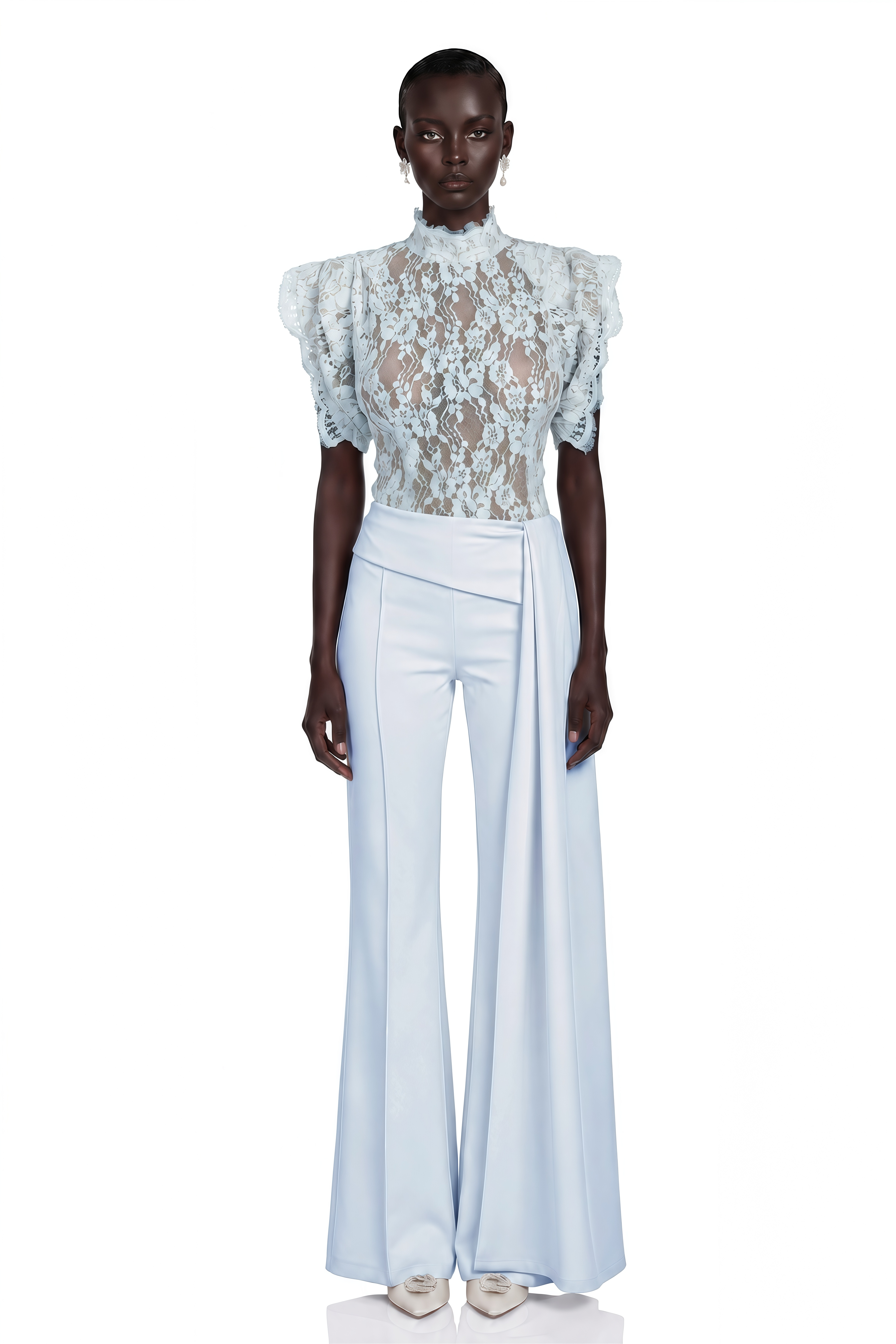 Soline Blue Turtleneck Lace Top & Draped Trousers Set