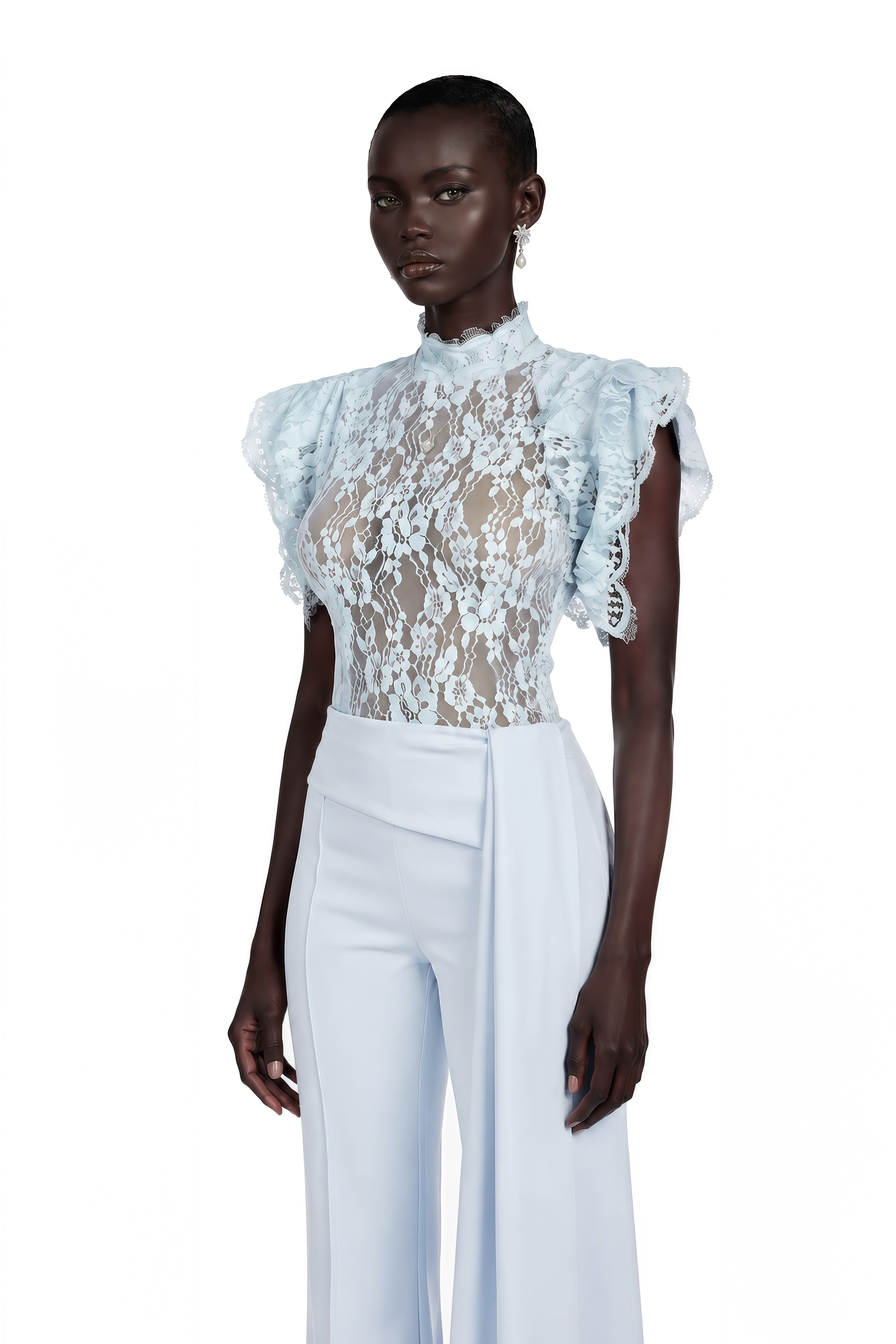 Soline Blue Turtleneck Lace Top & Draped Trousers Set