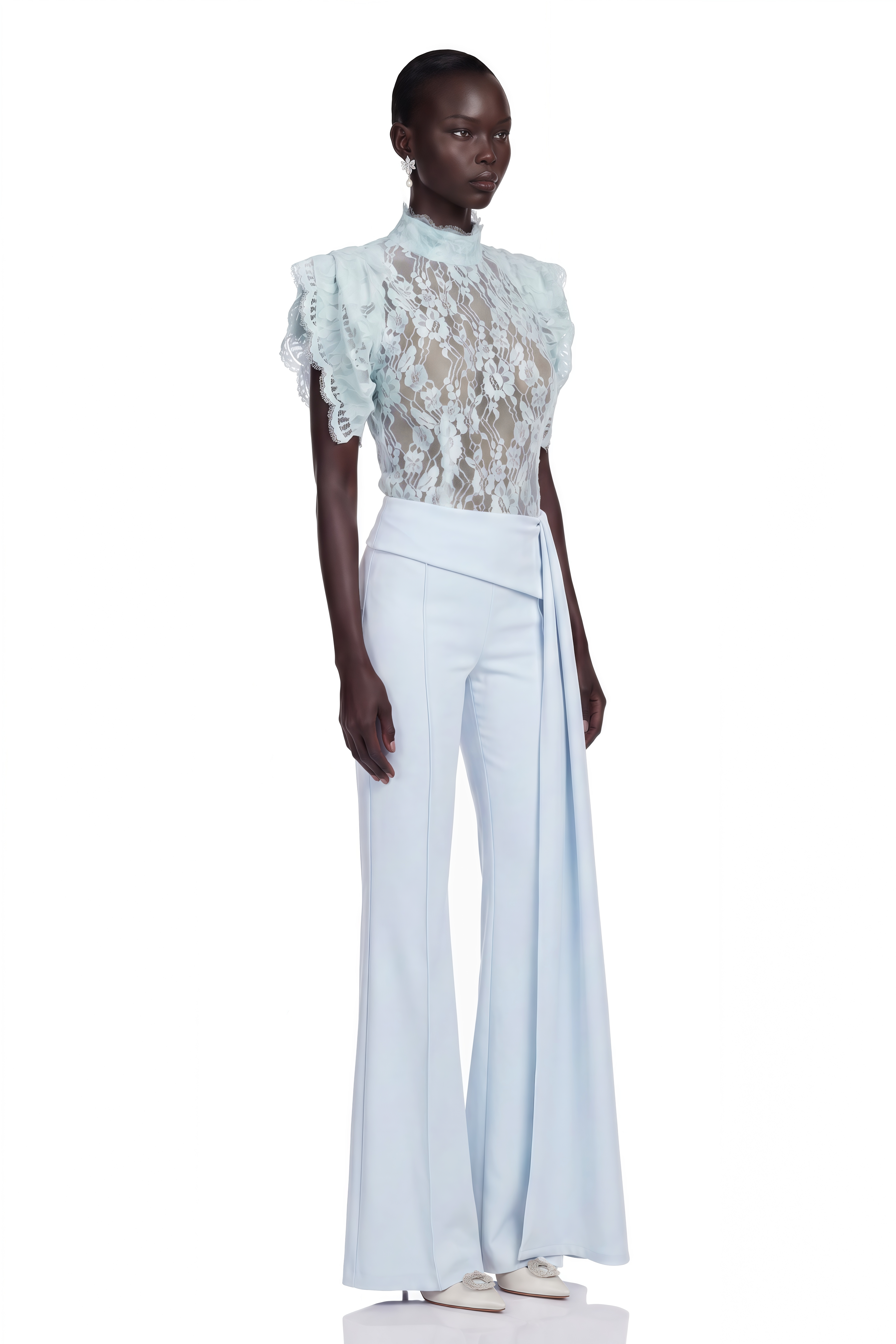 Soline Blue Turtleneck Lace Top & Draped Trousers Set