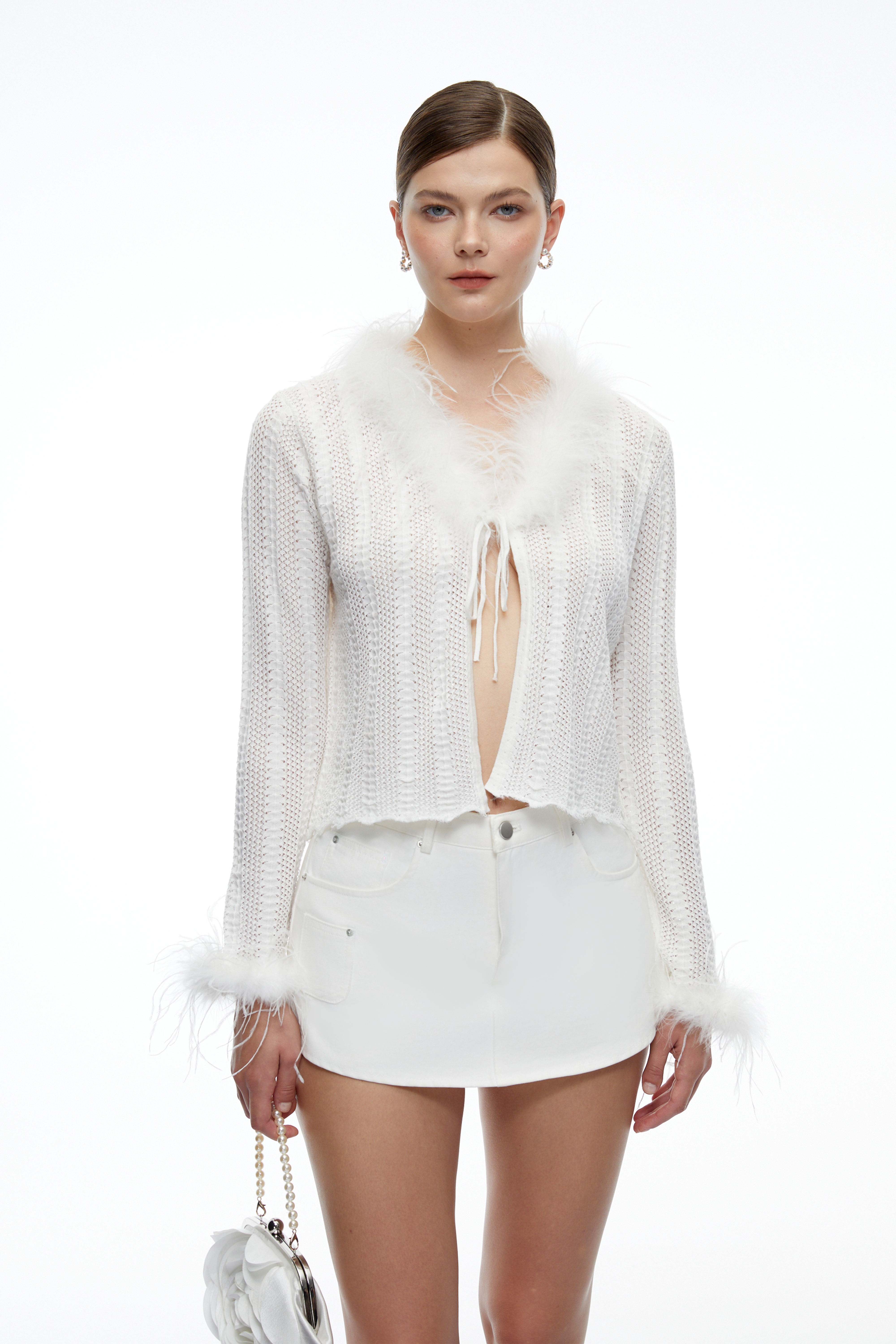 Soline White Feather Trim Long Sleeve Blouse