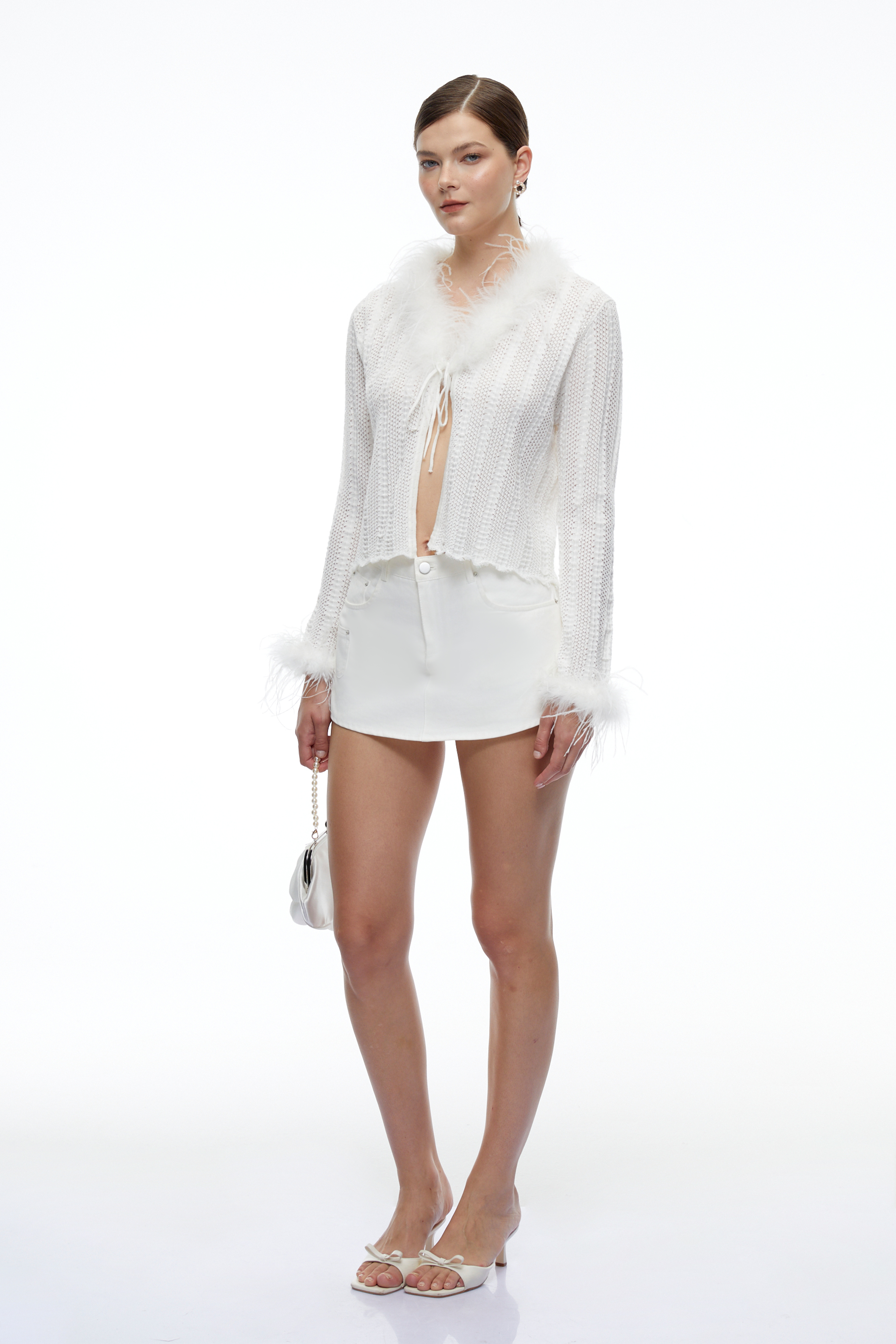 Soline White Feather Trim Long Sleeve Blouse