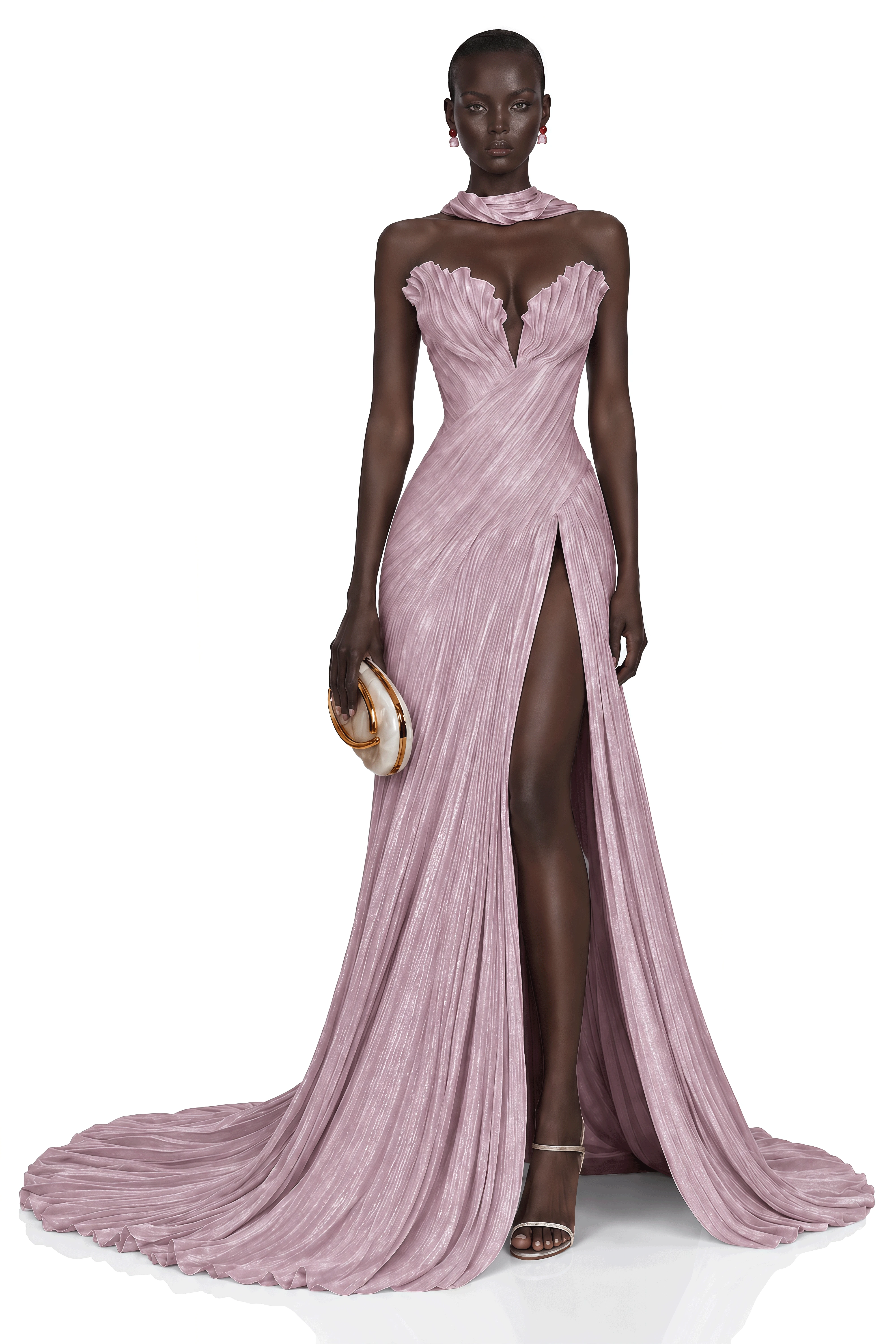 Solveig Dusty Pink Off Shoulder Pleated Maxi Dress with Hign Slit