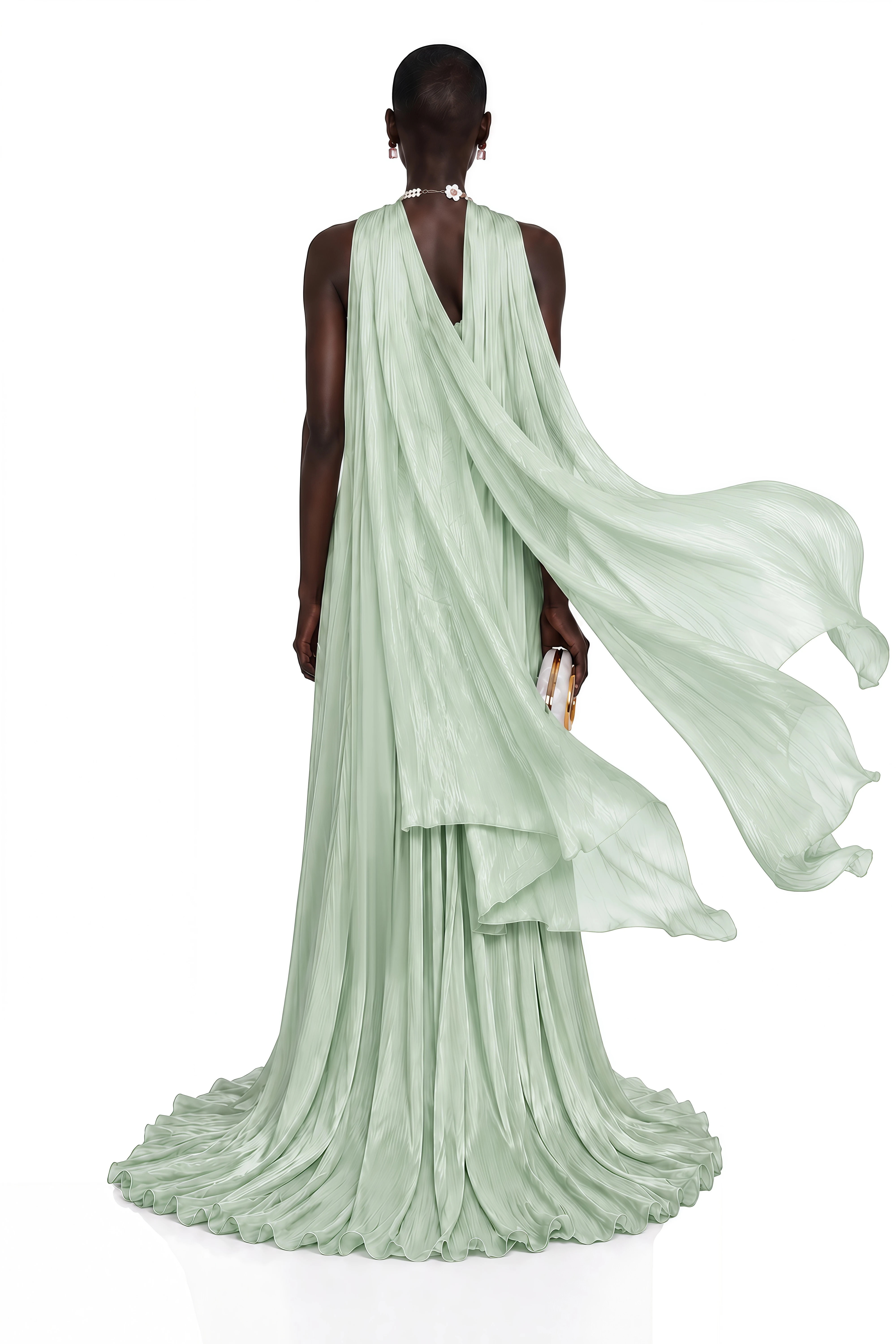 Solveig Green Off Shoulder Pleated Maxi Dress with Hign Slit