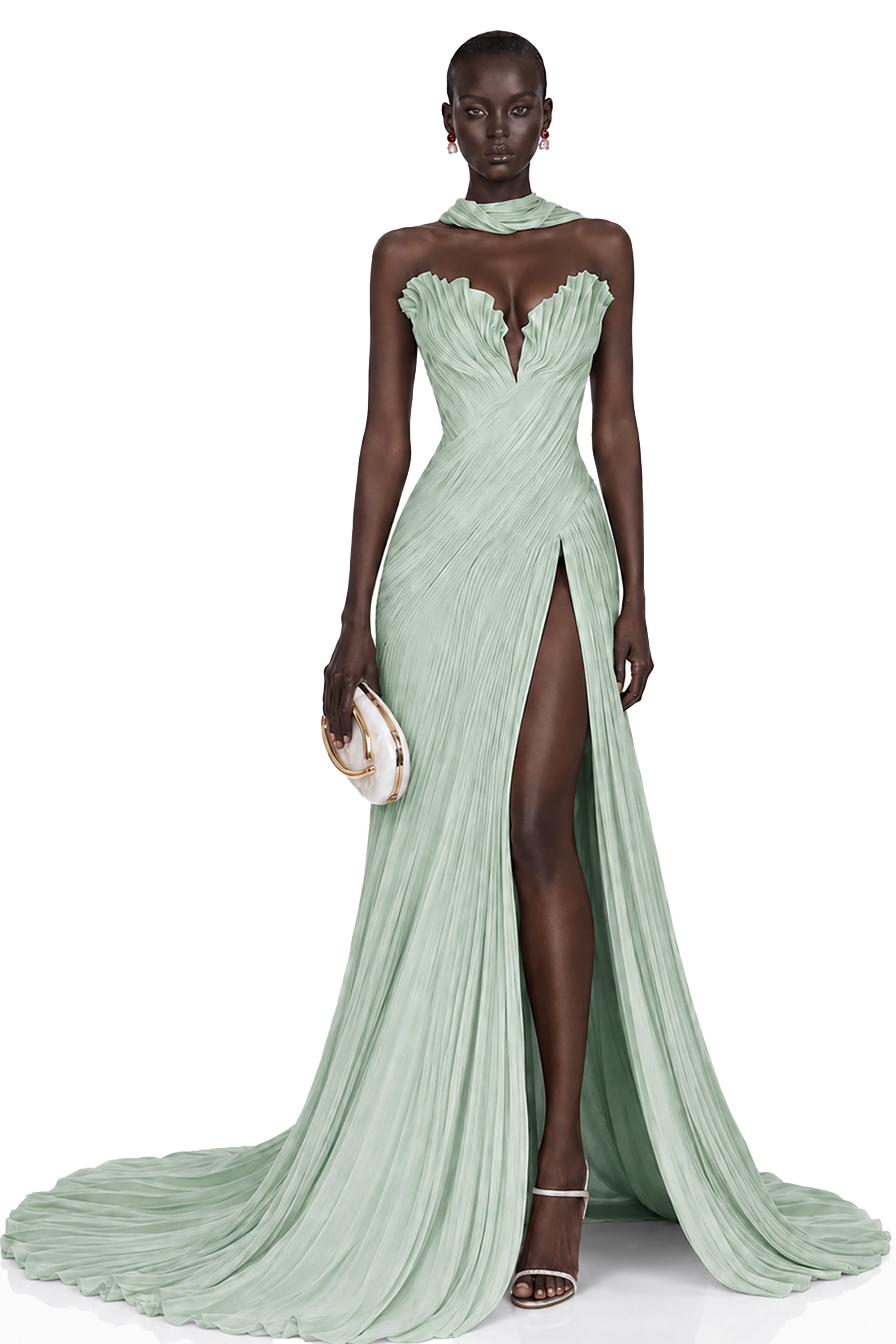 Solveig White Off Shoulder Pleated Maxi Dress with Hign Slit