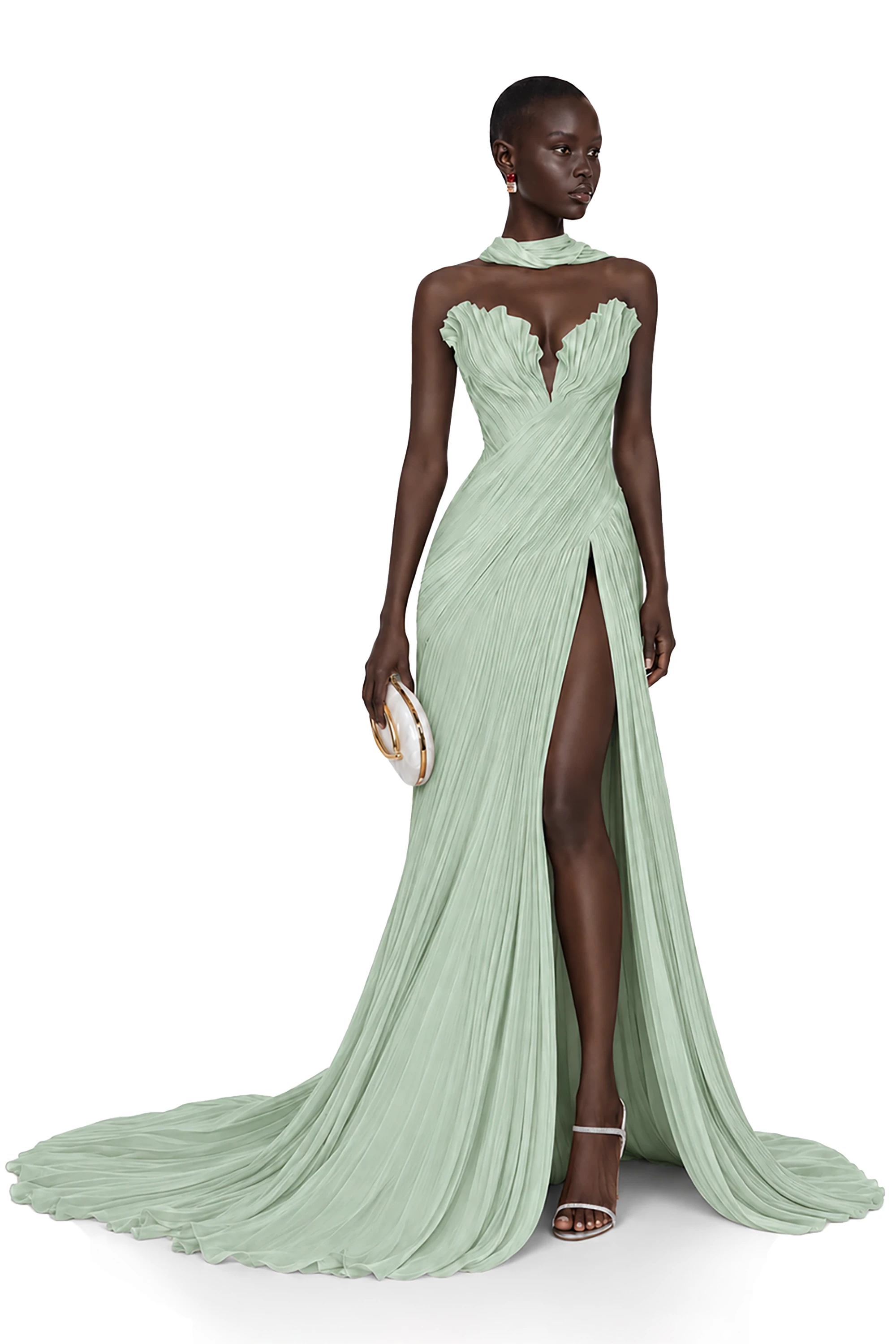 Mint green strapless maxi dress with a pleated bodice and high-slit skirt