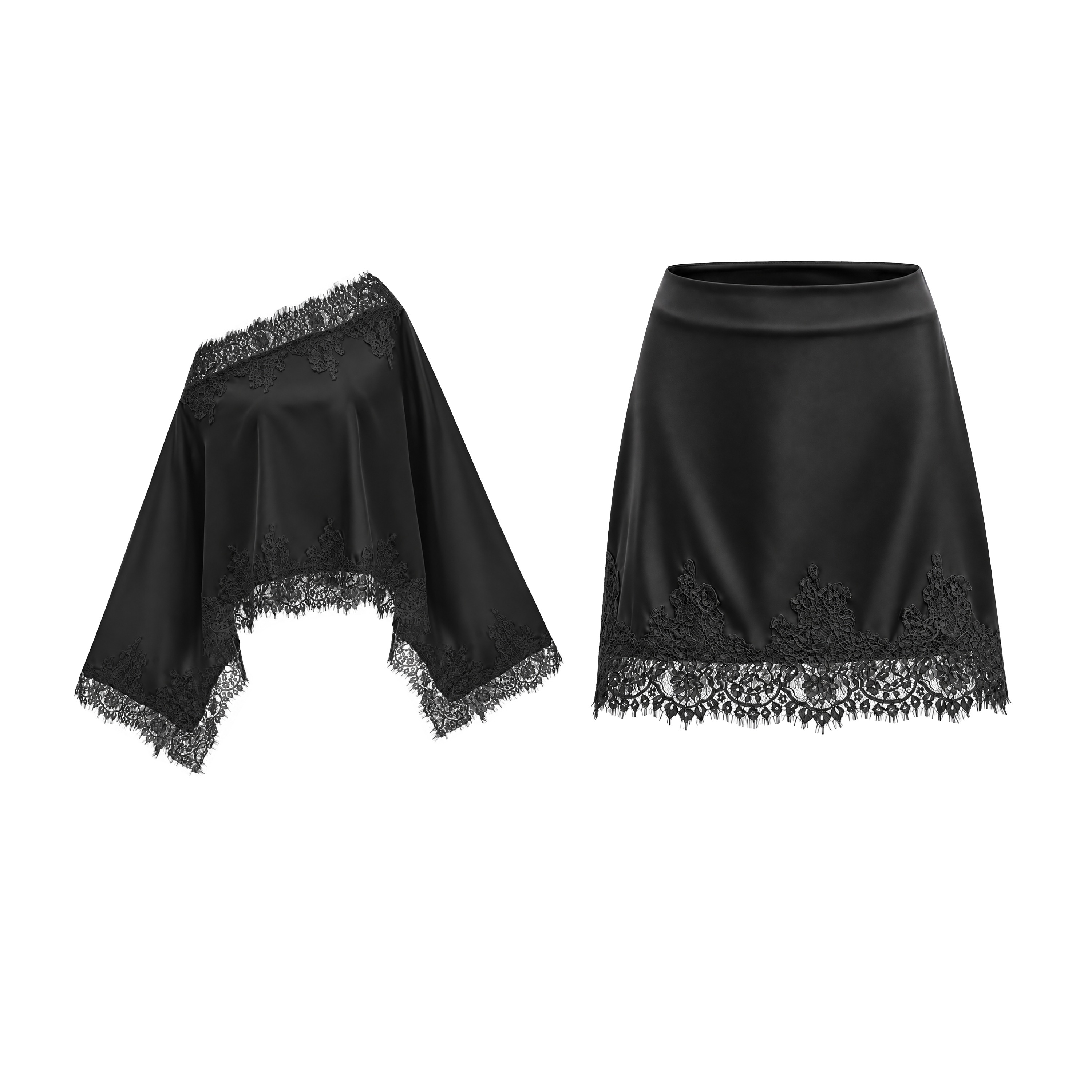 Sophia Black One Shoulder Top & Skirt Set with Black Lace Trim