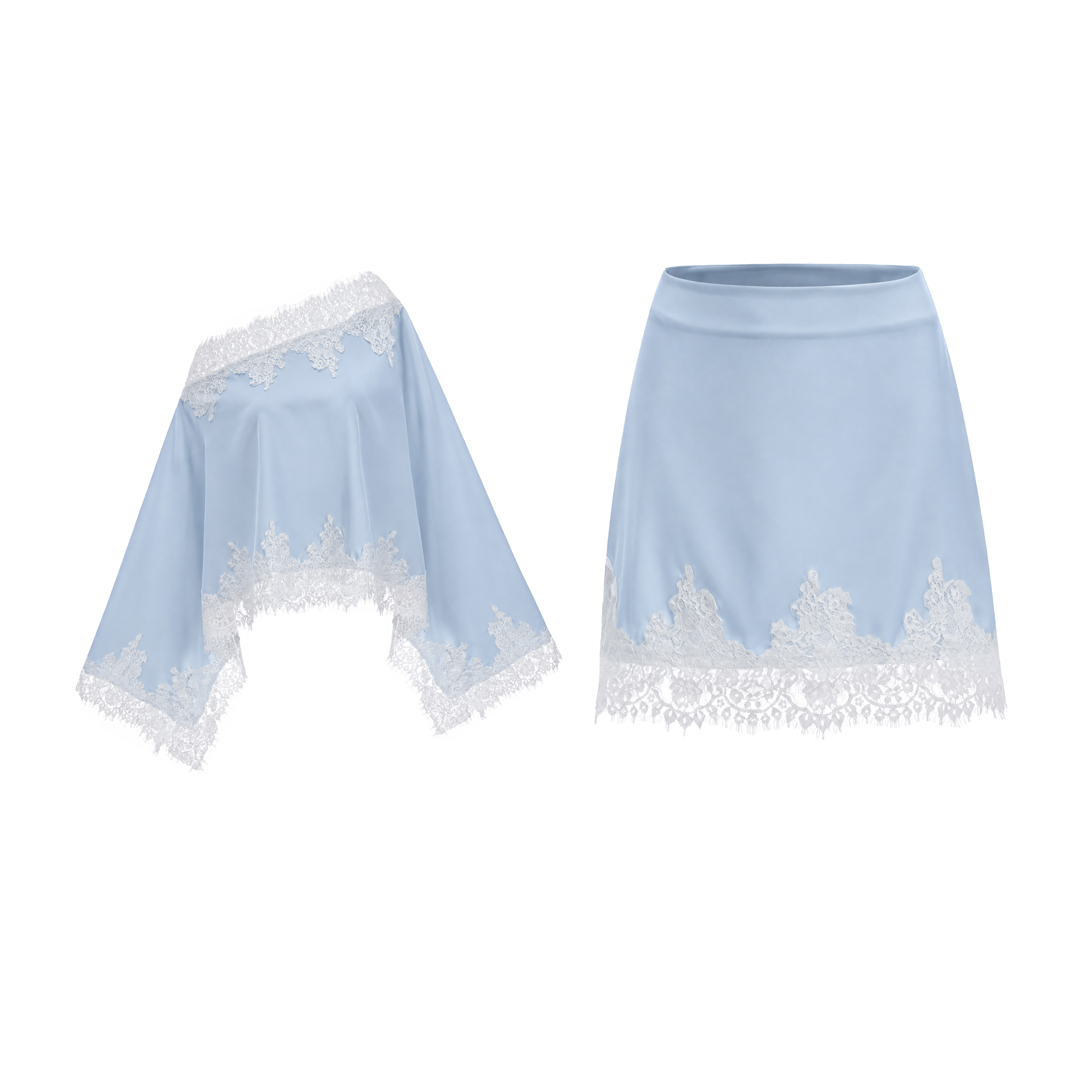 Sophia Blue One Shoulder Top & Skirt Set with Lace Trim