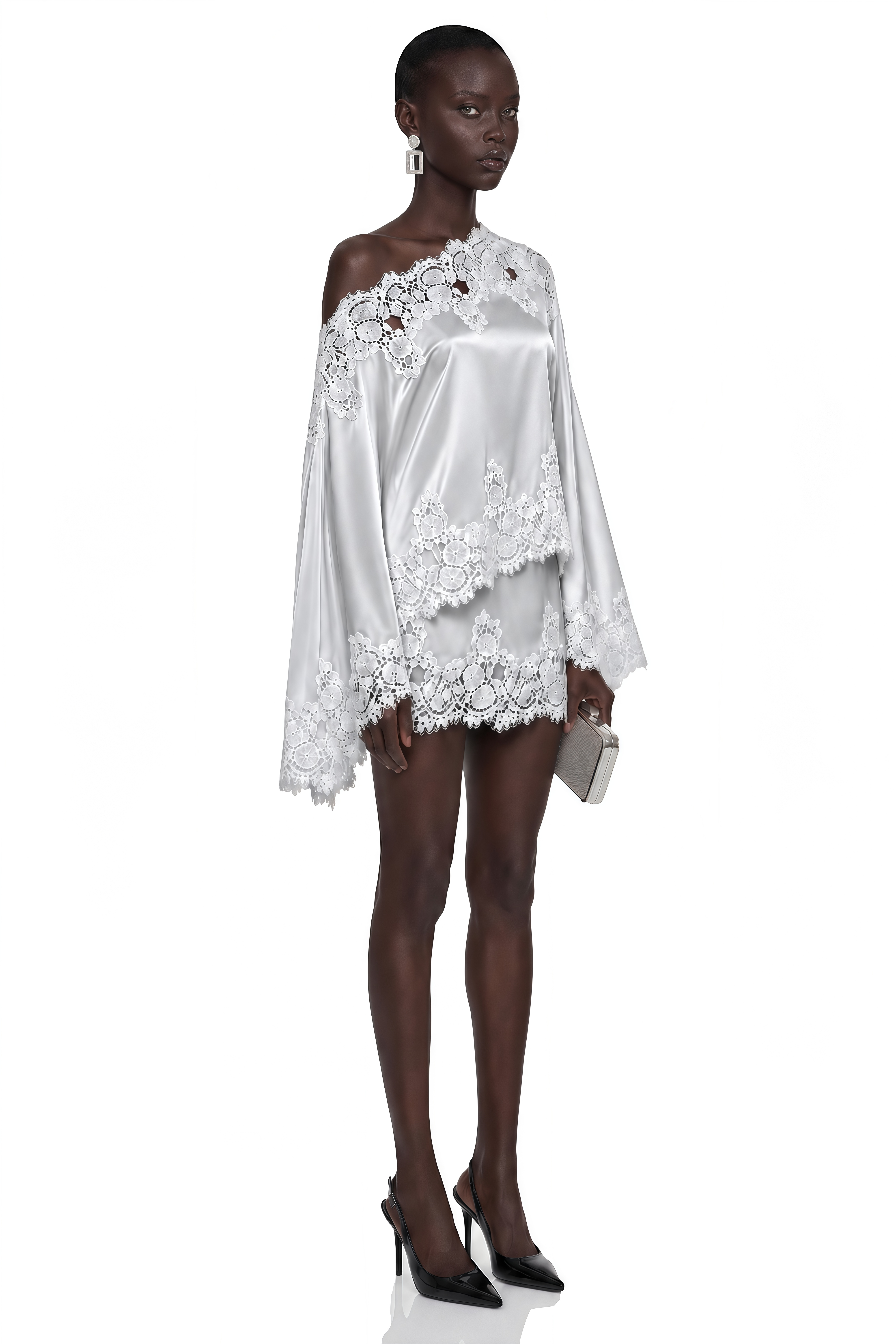 Sophia Silver One Shoulder Top & Skirt Set with Lace Trim
