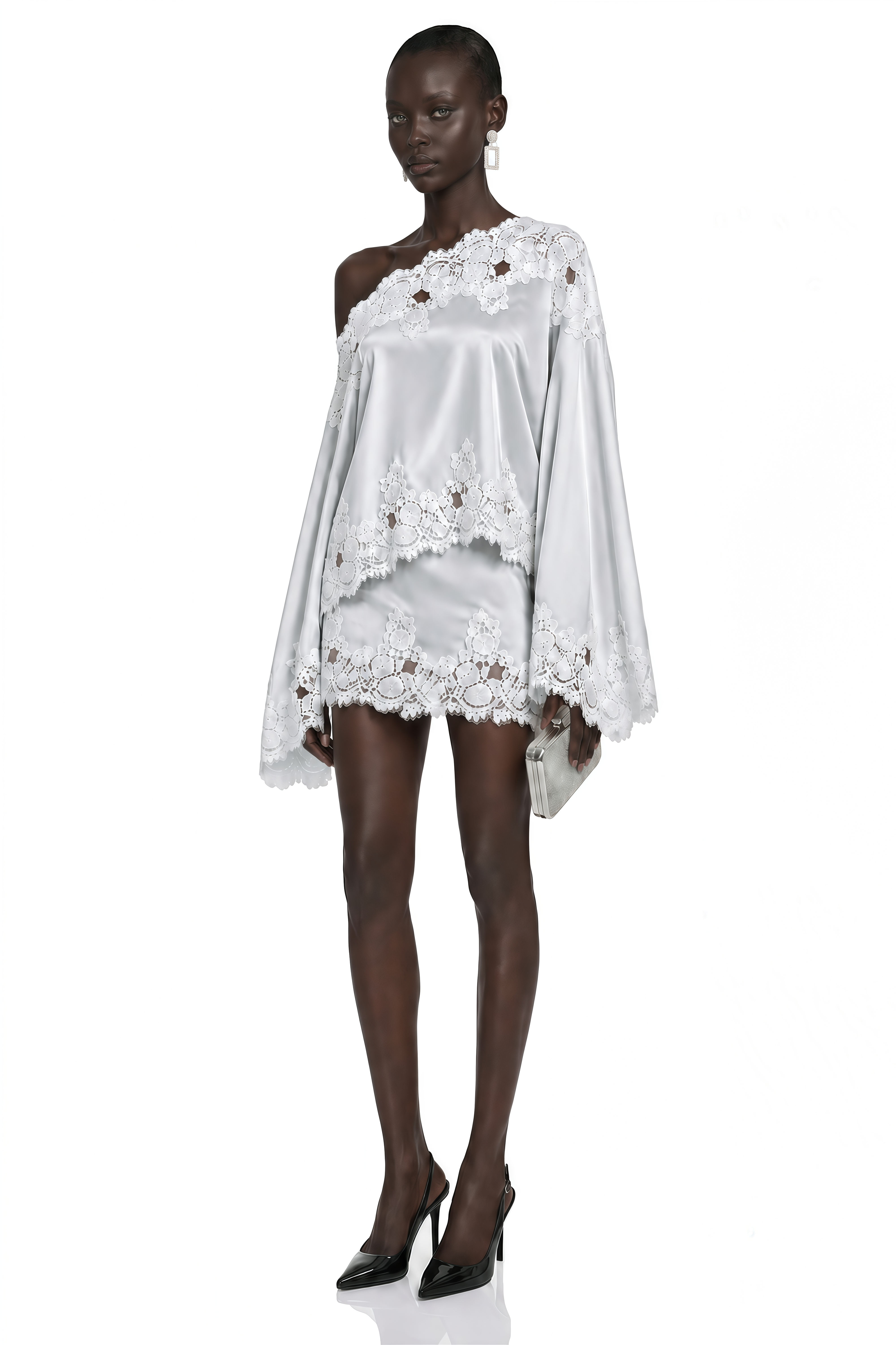 Sophia Silver One Shoulder Top & Skirt Set with Lace Trim